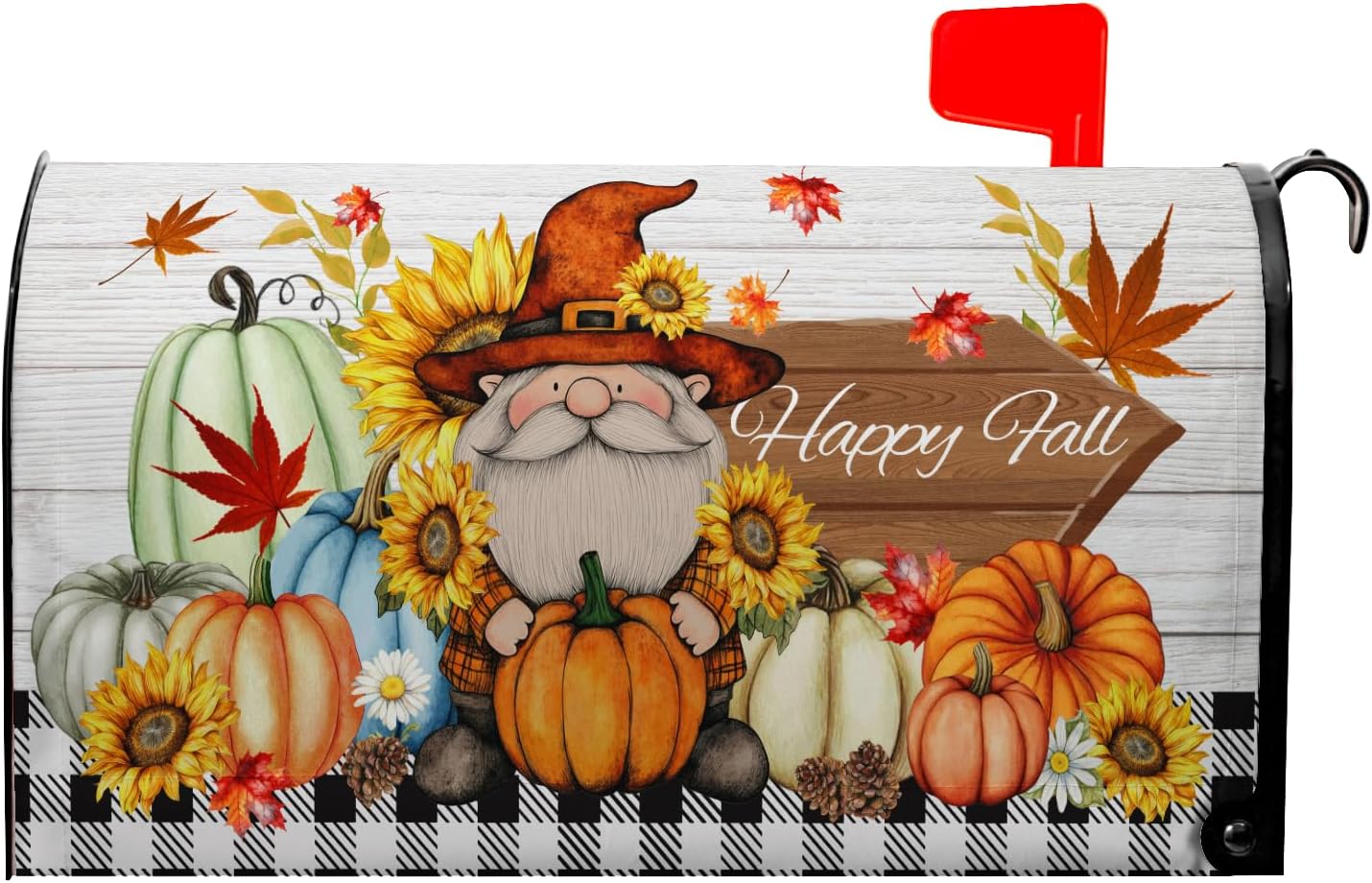 Autumn Fall Thanksgiving Mailbox Covers Gnome Pumpkin Harvest Maple Leaves Mailbox Post Cover Letter Box for Garden Standard Size 21x18 in for Yard Home Decor