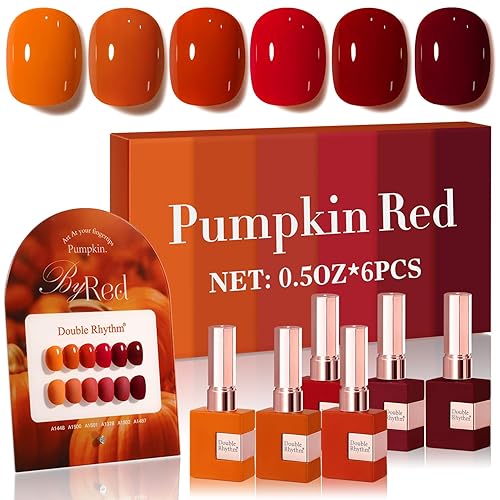 Double Rhythm 6 Pcs 15 ML Gel Polish Set Same Color Same Bottle Soak Off Gel Polish Kit Nail Art Manicure Salon DIY at Home for Women (Dark Light Brown Orange Maroon-T6-6) - Pumpkin Red