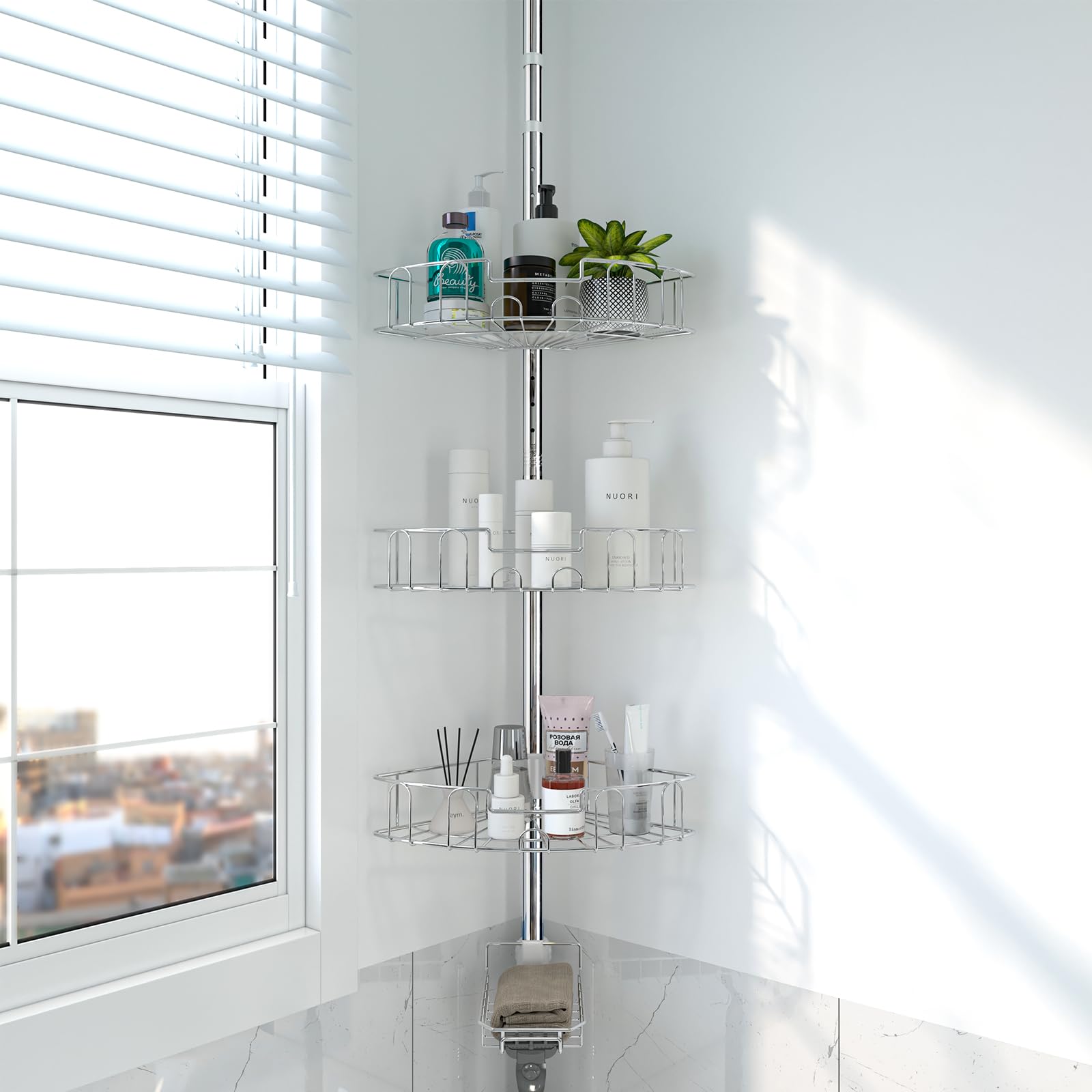 DAKEPOLE Estantería de ducha, estantería de ducha regulable en altura sin agujeros, estante de ducha esquinero de acero inoxidable, estantería de baño con 4 cestas para bañera y baño, inoxidable,