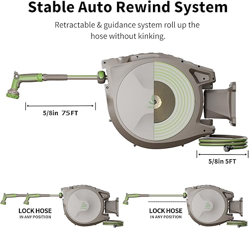 Miniatura 6 de PINWHEEL Carrete de manguera de jardín retráctil de 58 pulgadas y 75 pies, manguera retráctil automática con boquilla de pulverización de 10