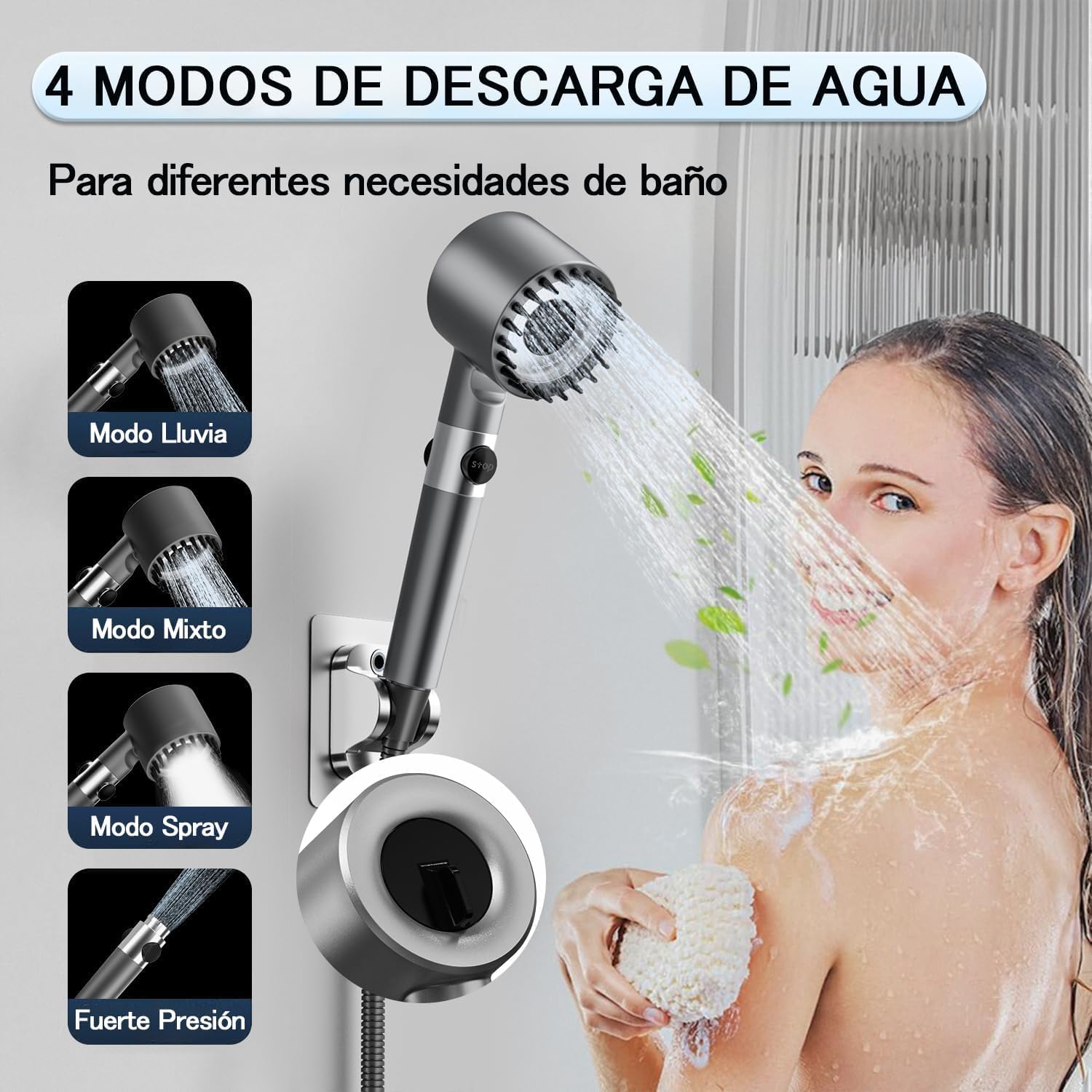 Alcachofa de Ducha de Alta Presión,Incluye manguera de1,5metros y soporte,4 modos, Alcachofa de ducha economizadora con filtro y botón de OFF/ON, Ideal para Aguas Duras y Limpieza del Baño,Grey — view 2