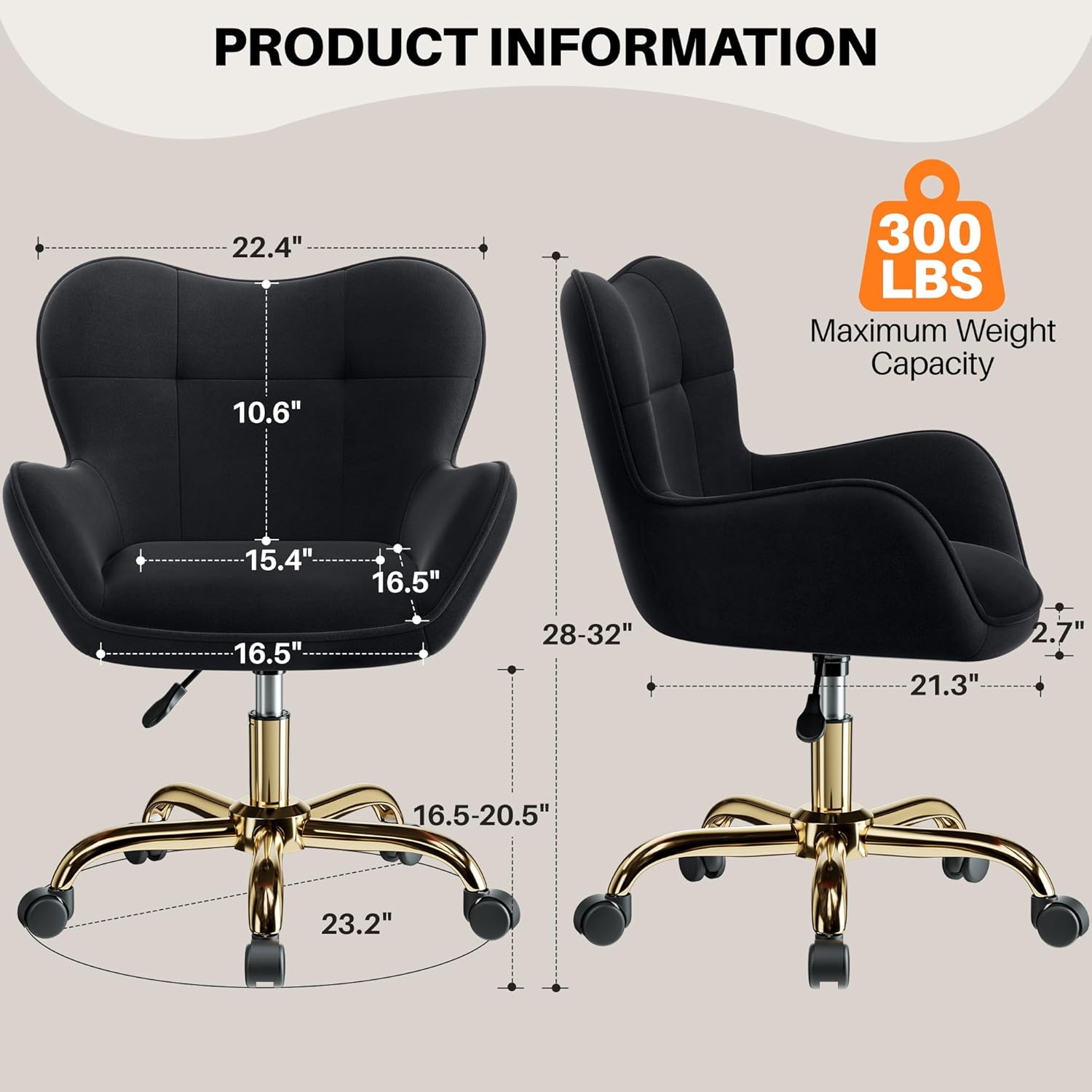 Vanity Chair with Wheels, Cute Home Office Desk Chairs Adjustable Height for Living Bedroom, Small Modern Fluffy Velvet Makeup Chair with Back for Girls (Black)