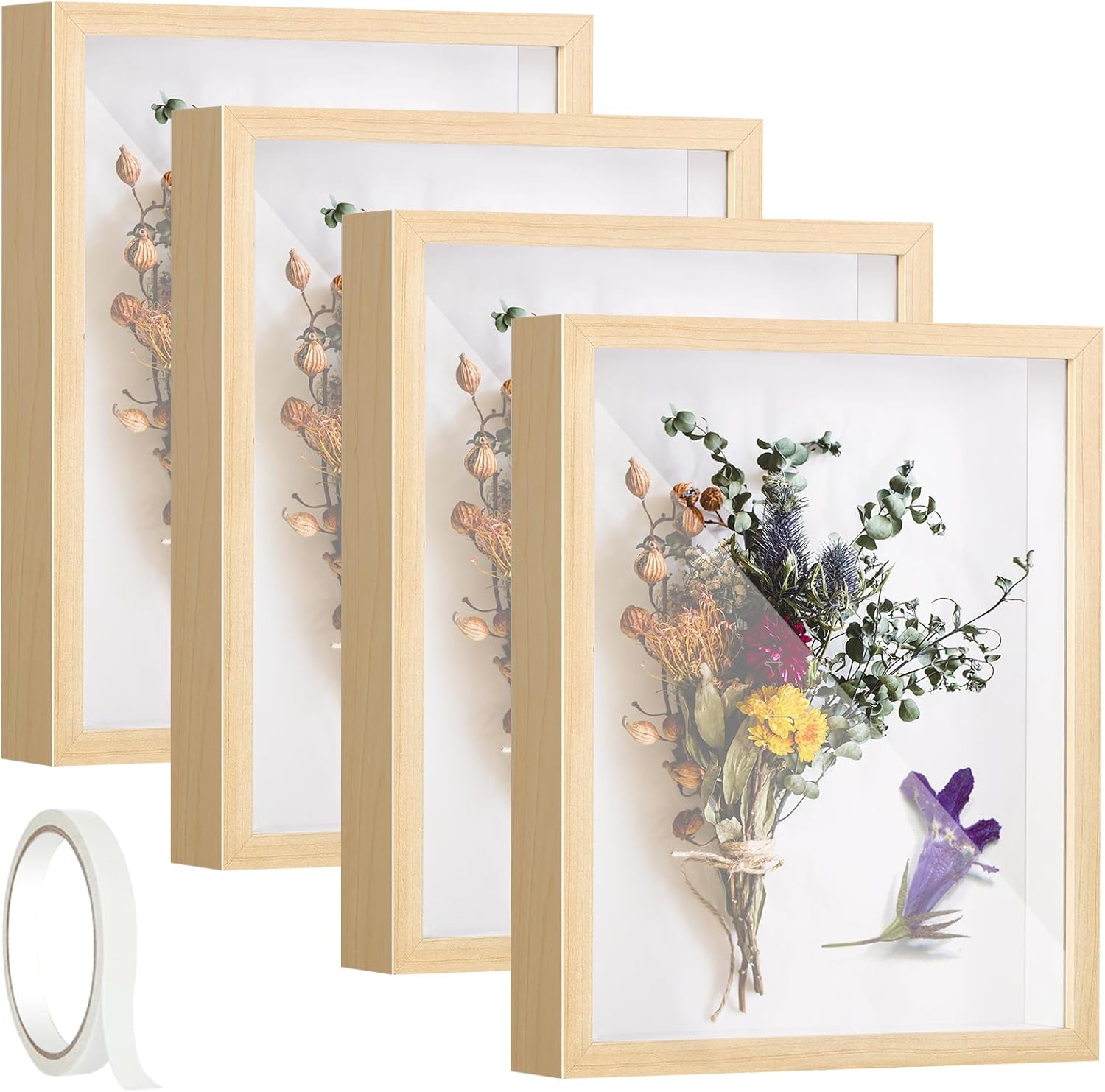 4 Pack 8 x 8in Shadow Box Picture Frame 3D Frames Shadow Box Square Acrylic Shadow Boxes Display Cases with Adhesive Tape for Baby Items Wedding Valentines Day Memories Crafts Awards Medals and Photos