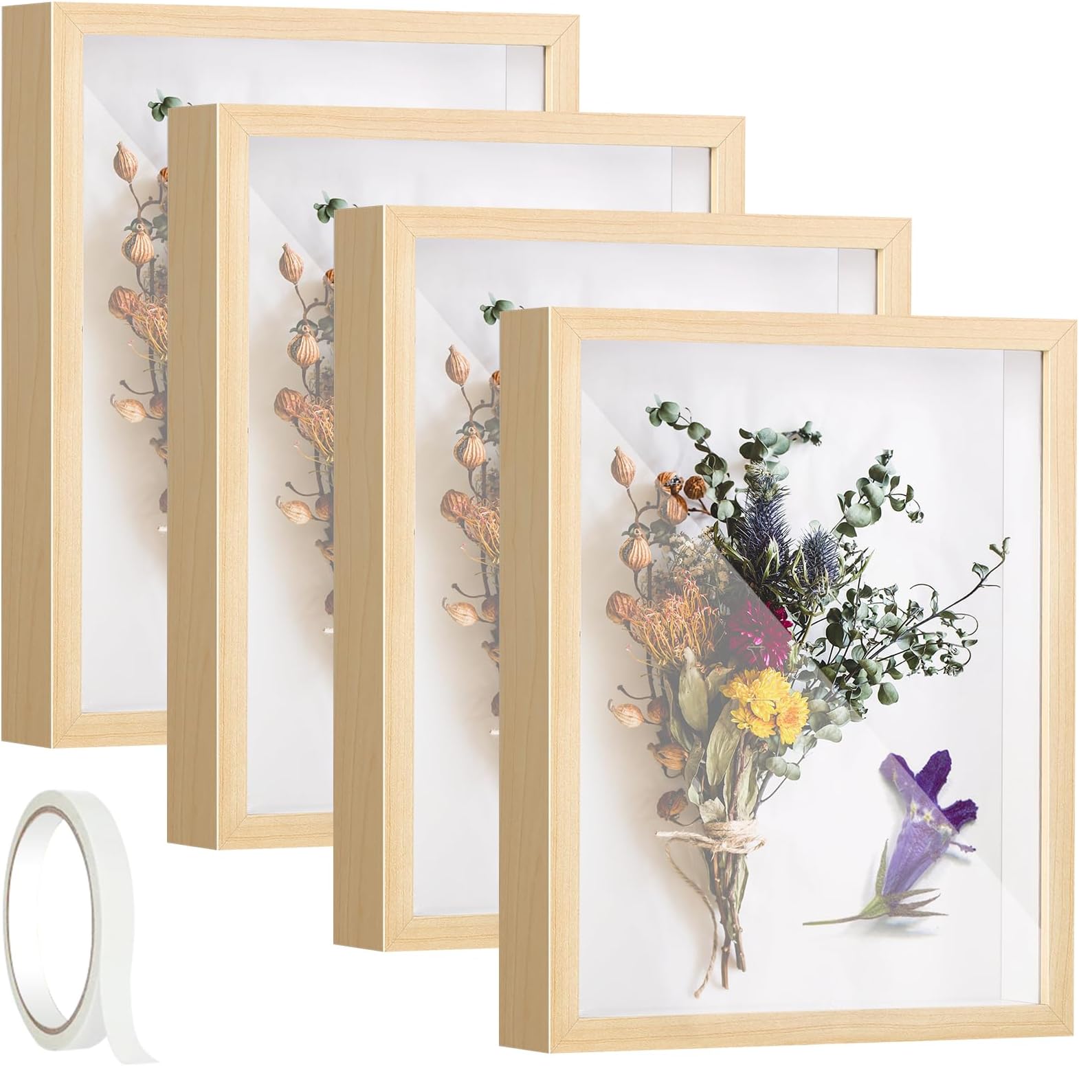 4 Pcak 8 x 10 inch Shadow Box Frame Shadow Boxes Display Cases with Adhesive Tape 3D Picture Frame Memorial Picture Frame for Baby Items Wedding Memories Crafts Flowers Tickets and Photos