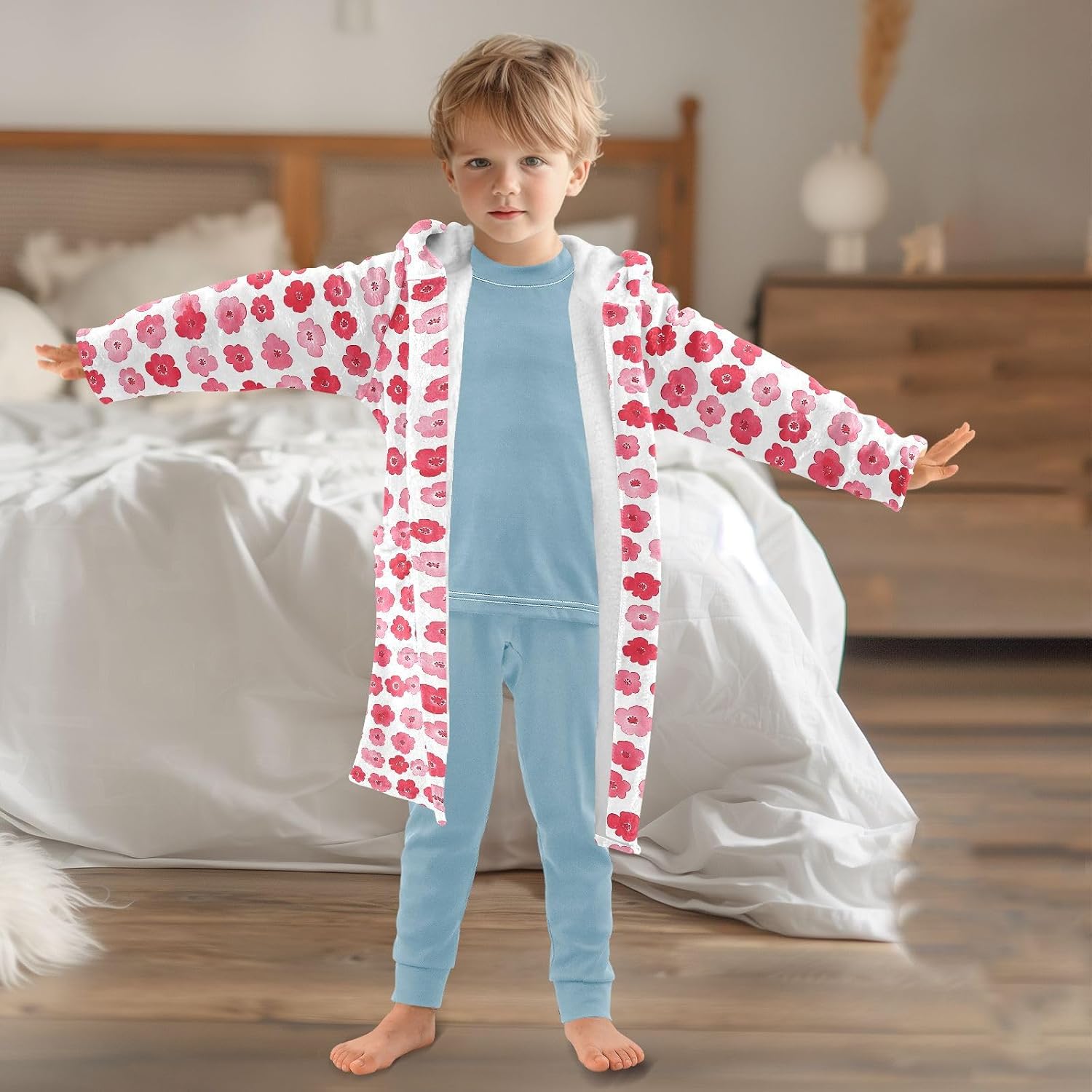 senya Roses Small Hearts Toddler Hooded Bathrobe Kids Soft Plush Bath Towel Robes for Boys Girls 2-12 Years
