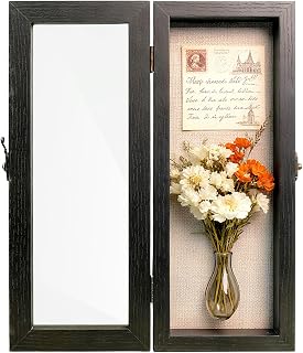 5x12 Small Black Shadow Box Frame - 1.57" Deep Wooden Display Case for Memory Box, Dried Flowers and Pictures - Front Opening Glass Door with Lock and Linen Back