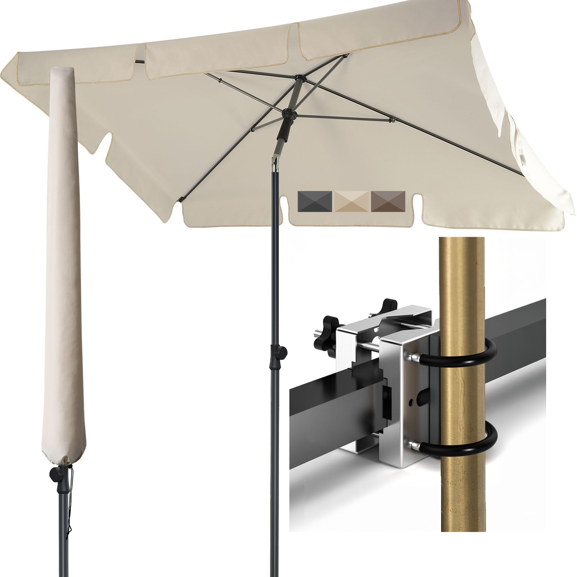 Menz Sonnenschirm Balkon - 3-IN-1 SET - UV50+ Sonnenschirm rechteckig 200x125 cm + Sonnenschirmhalter Balkongeländer + Sonnenschirmhülle - Sonnenschutz Balkon, Beige