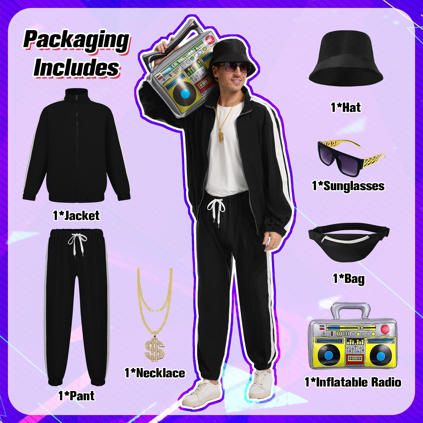 JDFAIJEAL Hiphop Costume Set for Men, Black Tracksuit with Hat, Glasses, Gold Round Necklace, Fanny Pack & Boombox Balloon - Image 2
