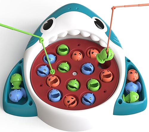 Miniatura 3 de Doloowee Juego de pesca, juguetes magnéticos de pesca, juego de mesa giratorio con música, incluye 20 peces y 3 cañas de pesca, juguetes de fiesta