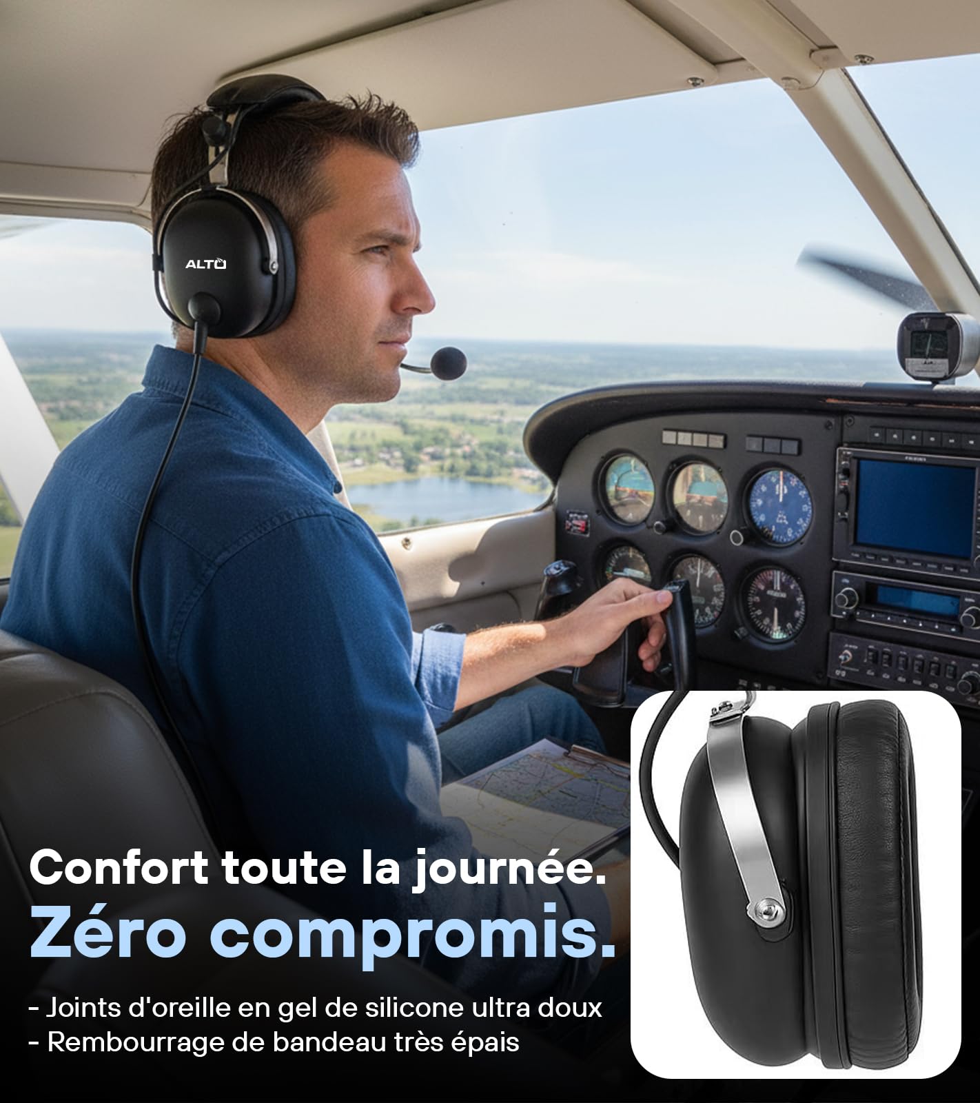 Alto - Casque de Pilote Aviation Générale – Micro Anti-Bruit, Léger, Résistant, avec Étui de Transport