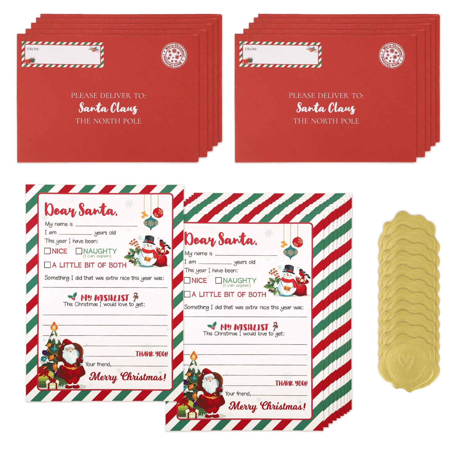 Fukaisu 10 Sets Letter to Santa Writing Kit, 5x7in/12.7x17.7cm Paper Sheets with Red Envelope & Seal Stickers Christmas Xmas Official Letters Mailbox Fill-in-The-Blank Wish List for Naughty Kids