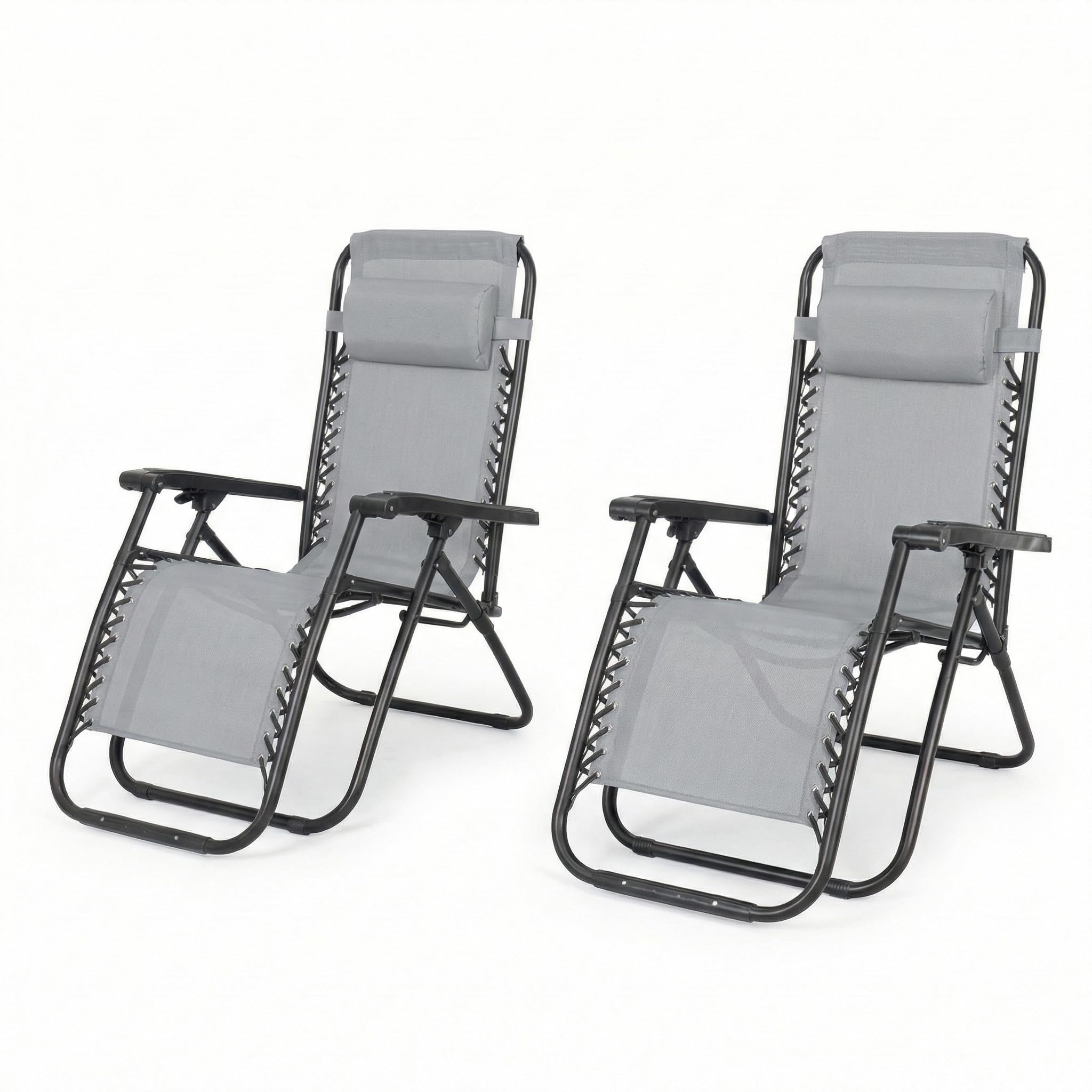 MAKA |SET X2 | Sdraio da Giardino, Sedia Sdraio da Esterno Pieghevole, Lettino Prendisole da Giardino, Sedia da Spiaggia Pieghevole Portatile, Telaio Acciaio, Braccioli PVC, Tessuto Rete (Grigio)