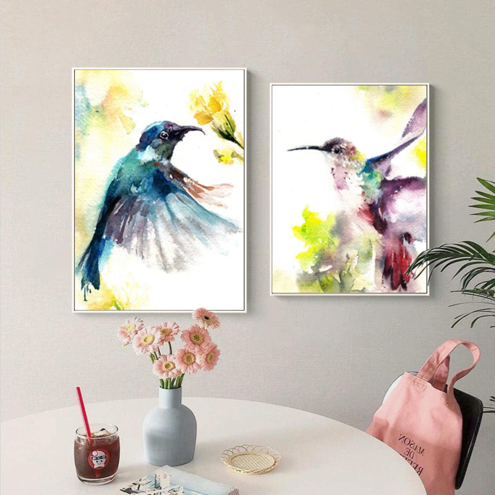 Acuarela Colibrí Animal Pósteres e impresiones Lienzo Pintura Pájaro Pintura Arte de la pared Cuadros para niños Sala de estar 30x45cm (12x18in) x2 con marco