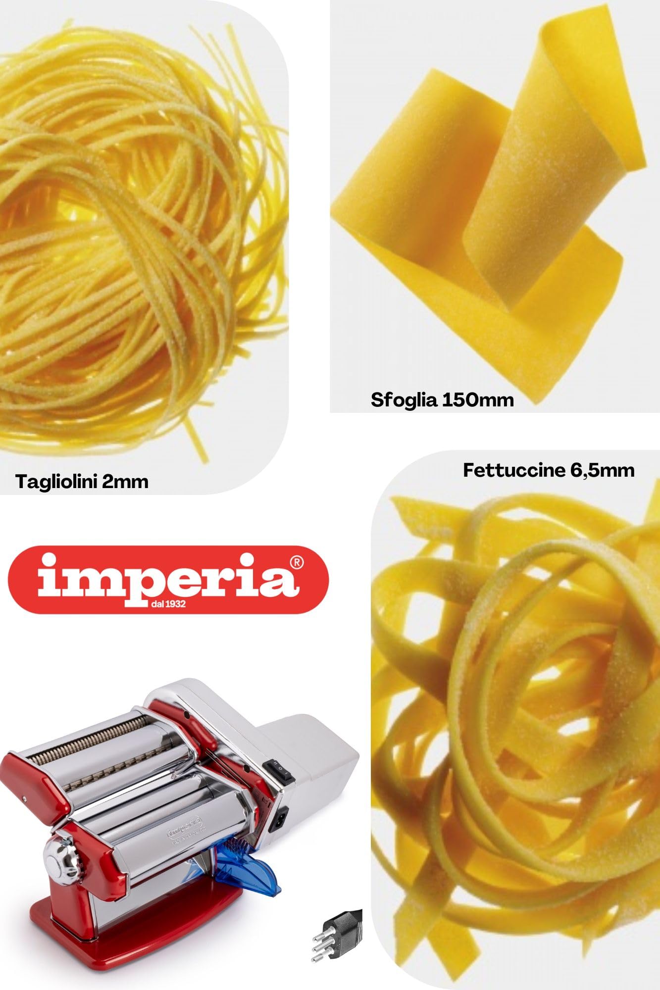 Imperia Electric Ligne Classique Machine à pâtes électrique Fabrique en Italie. Machine à pâtes fraîches avec moteur électrique. Laminatrice électrique Lasagnes, Tagliolini, Fettuccine. (Argent)