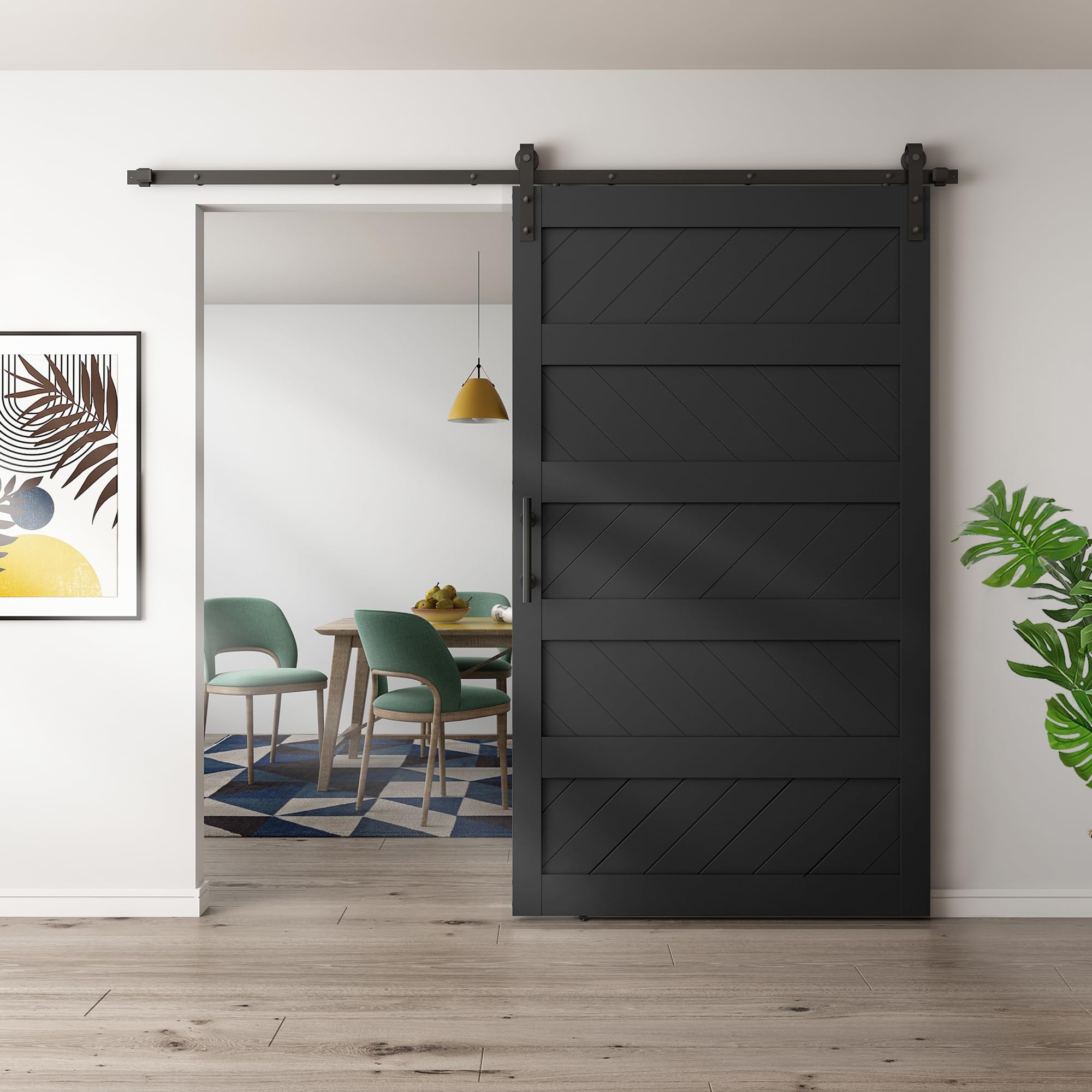 jubest 48" x 84" barn doors, slding barn door kit wave-shape barn door panel with hardware kit include, easy installation, solid wood, mdf & pvc covered, black