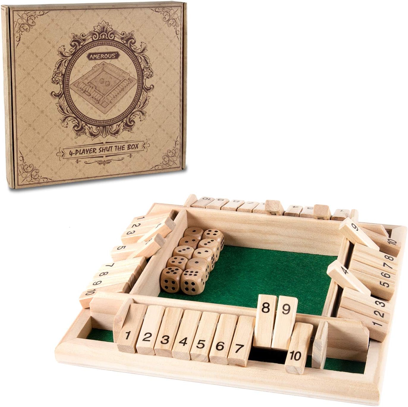 AMEROUS 1-4 Players Shut The Box Dice Game,Classic 4 Sided Wooden Board Game with 10 Dice and Instructions for Kids Adults, Tabletop Version