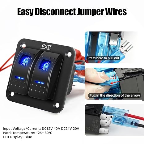 FXC Pre-Wired 2 Gang Rocker Switch Aluminum Panel with 40A Inline Fuse, Waterproof 6-Pin On-Off Car Boat Switch, Blue LED Switch Panel for Marine Boat Automotive RV Truck ATV Vehicles 12V/24V