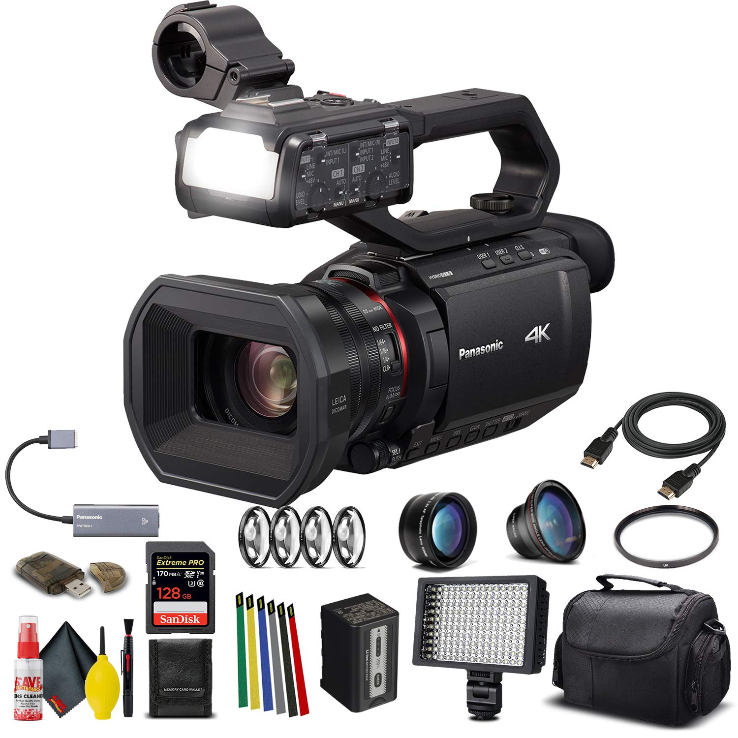 Panasonic AG-CX10 4K Camcorder + Padded Case, Sandisk Extreme Pro 128 GB Memory Card, Lens Attachmen