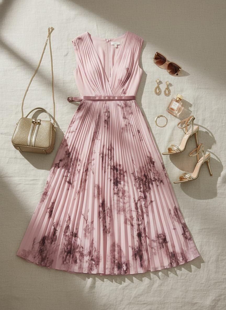Vestido Midi con Flores Mujer Sin Mangas Escote V, Modelo Plisado con Cintura Alta, Vestido Elegante Casual para Verano Fiestas Vacaciones Y Salidas Diarias