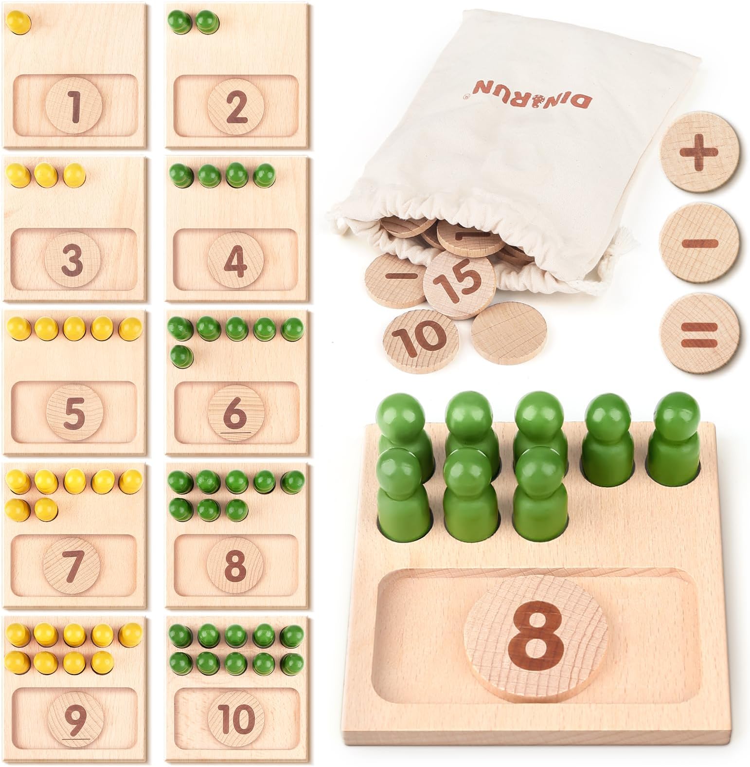 DINORUN Montessori Counting Math Games With Storage Bag - Wooden Educational Toys for 3 4 5 6 Year Old Girls and Boys
