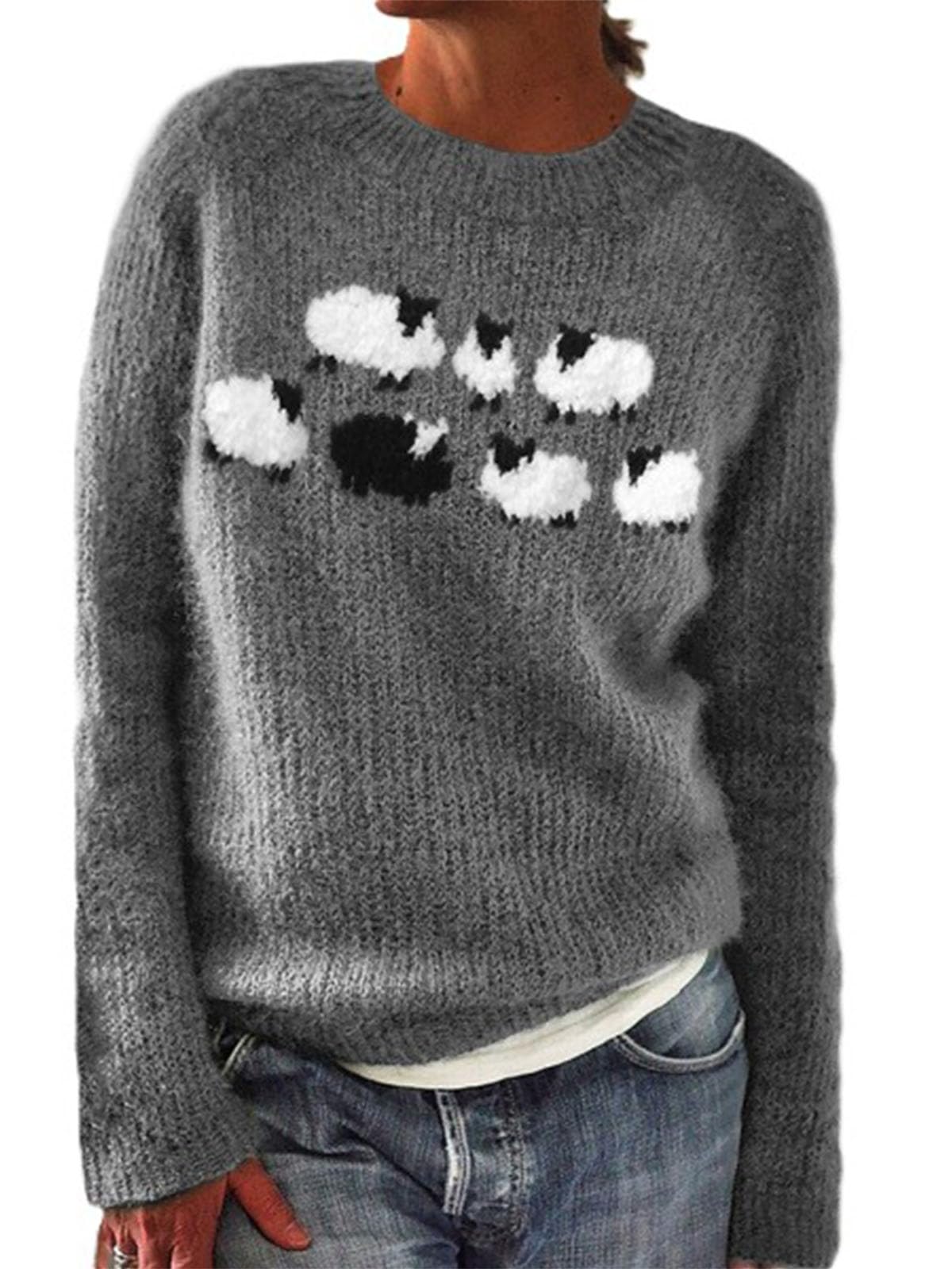 Zhyaj Womens Fair Isle Sweaters Trendy Fall Winter Casual Vintage Striped Crewneck Long Sleeve Oversized Pullover Knitted Top