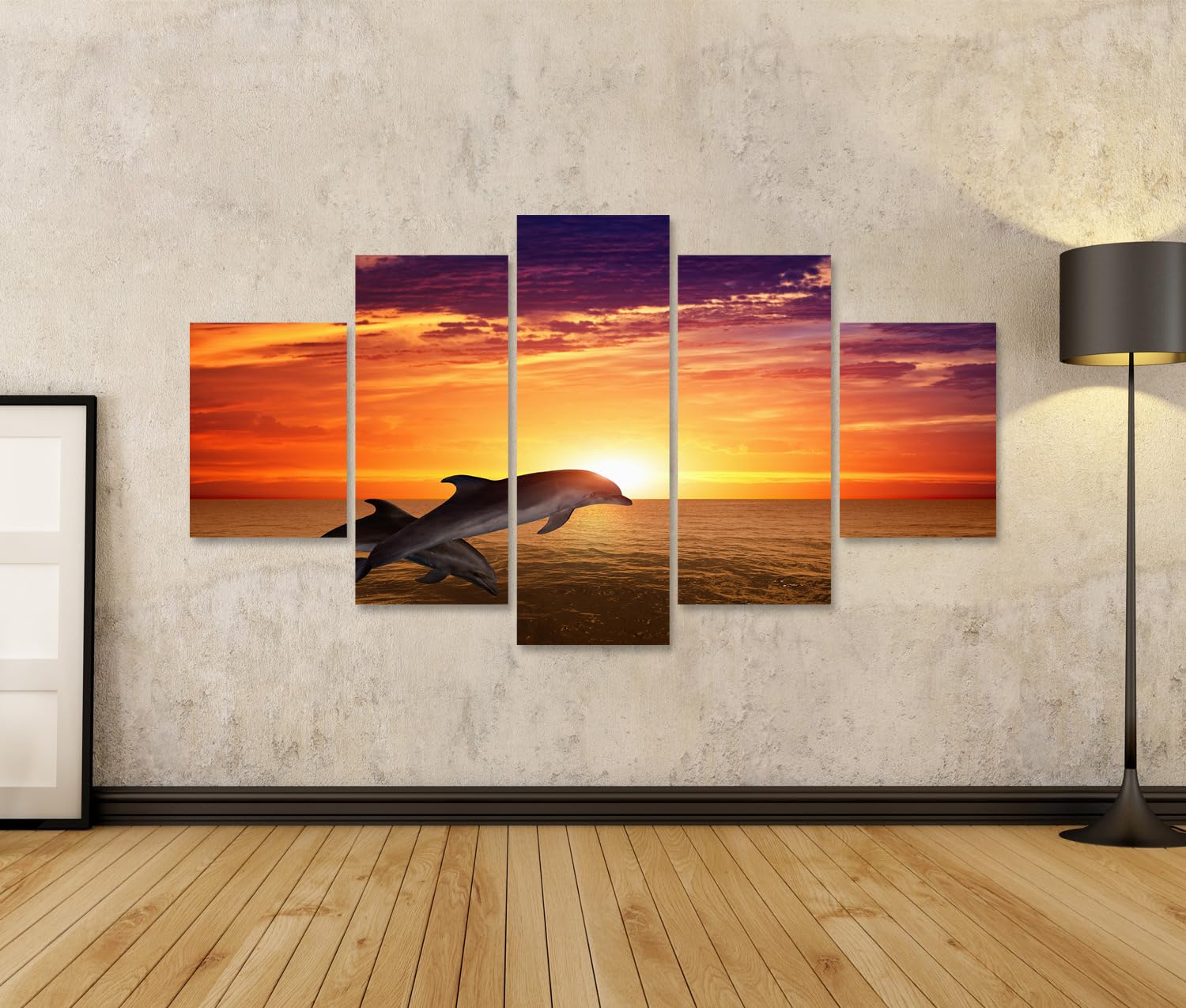islandburner Bild auf Leinwand Delfine Im Sonnenuntergang Über Dem Ozean Bilder Wandbilder 170x80cm