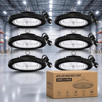300W-6Pack UFO LED High Bay Light,30000lm 6000K Daylight 2000W Equivalent with US Plug Cable LED Garage Lights Commercial Warehouse Area Light Workshop Garage Factory Lowbay Area Lighting