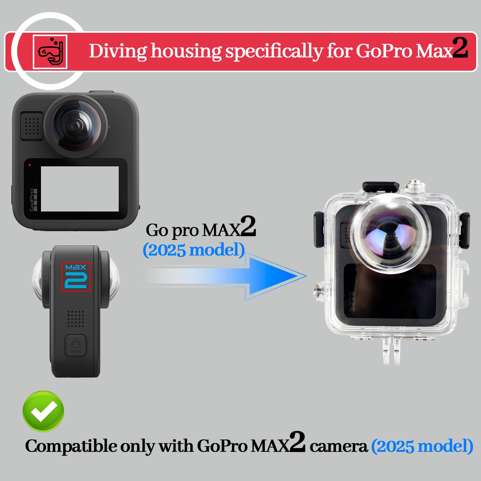 Custodia subacquea impermeabile per GoPro MAX 2 – 50 m, guscio subacqueo con anti-appannamento, design antiurto per snorkeling, surf, nuoto
