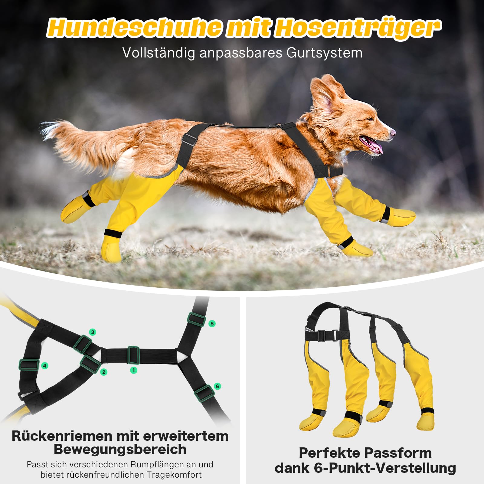 DQGHQME Hunde-Hosenträgerschuhe, Staub- und rutschfest, 6-Fach verstellbar, ideal für Parkett und Schnee, mit 360°-Reflektoren für die Pfoten