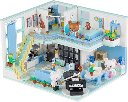 PinkBee Mini Friends - Juego de bloques de construcción de apartamentos dúplex para adultos, osos casa de ensueño, piano de cocina, casa de campo,