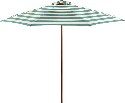 Heininger Classic Wood 9 ft Round Market Umbrella - Soft Teal/Ivory Stripe 1281