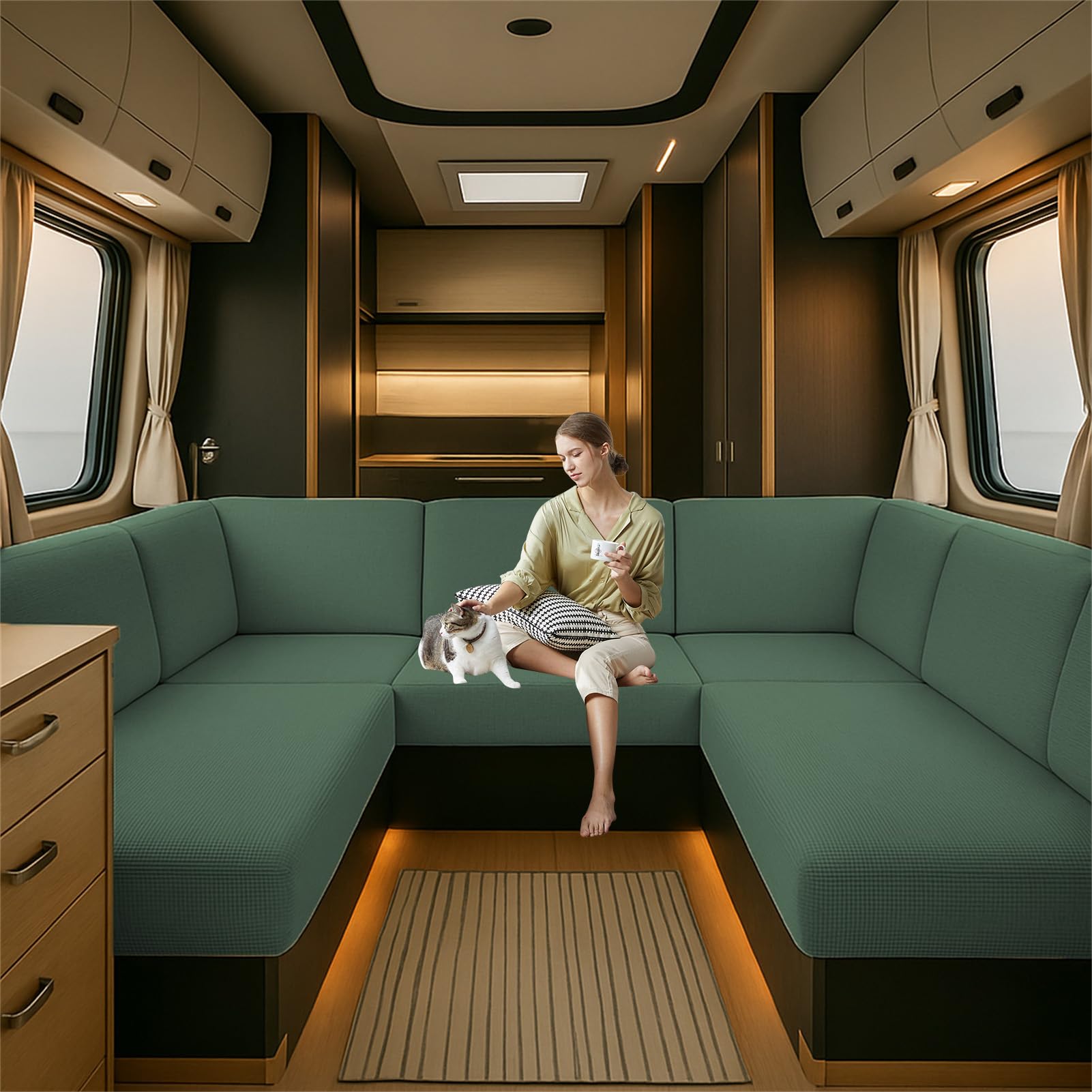 Caravan Seat Cover Waterproof Stretch Jacquard, Non-slip RV Dinette Cushion Covers with 2 Straps with Elastic Straps Multi-Size Fit for Camper, Motorhome & Indoor (Sky blue,W 90-130 cm, D 60-90 cm)
