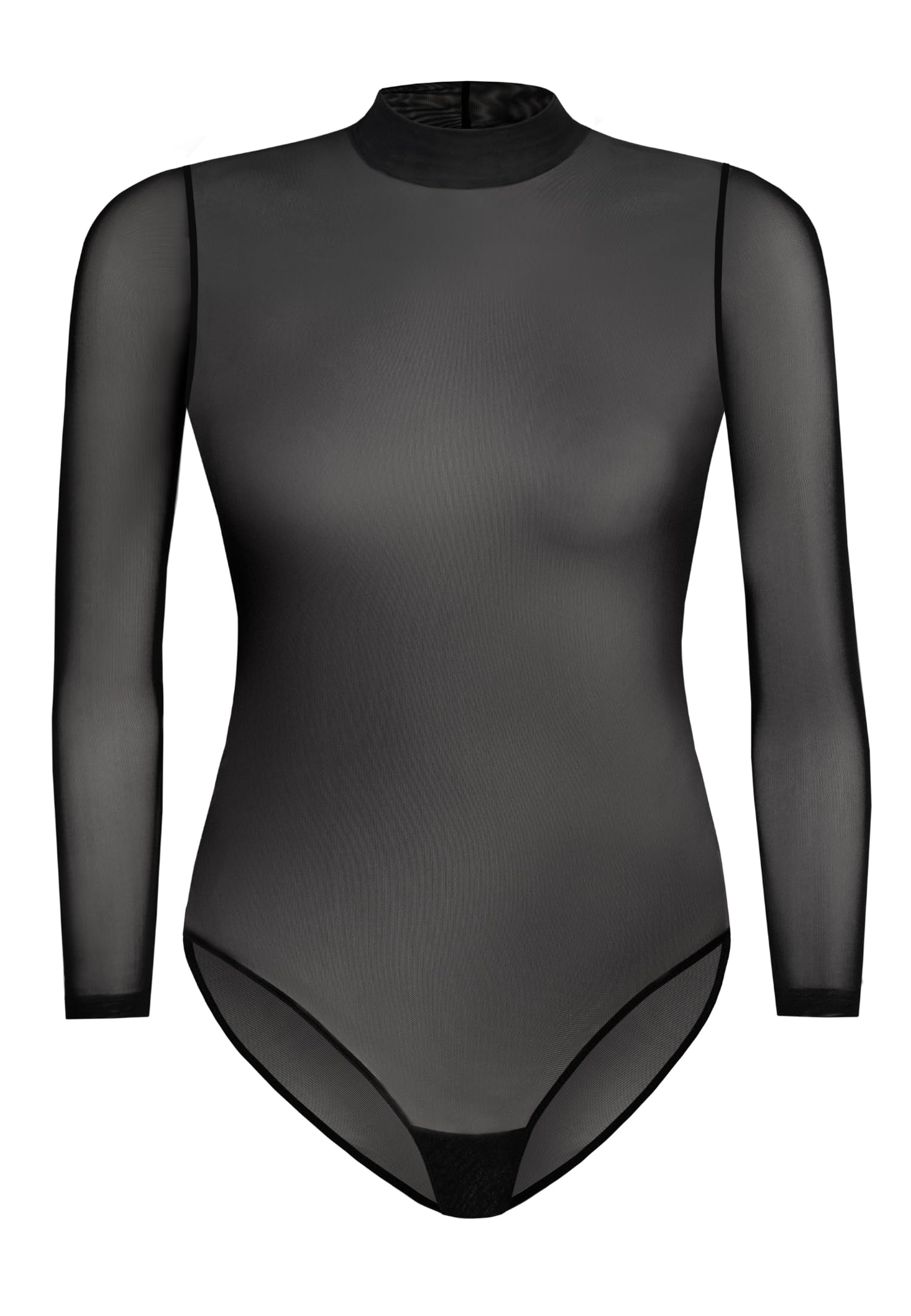 Teyli Body Femme Élégant À Manches Longues En Résille Transparente Avec Col Montant Qui Met En Valeur La Silhouette.