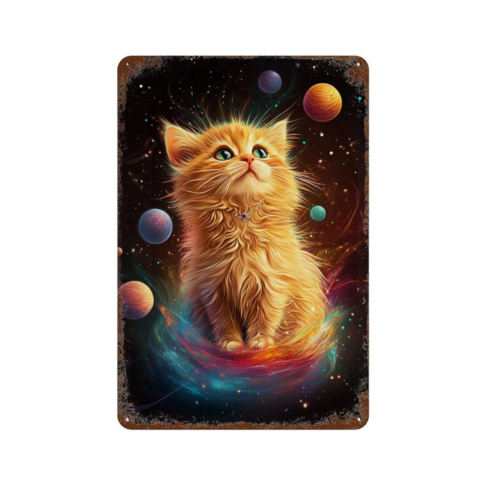 Cosmic Kitten Adventure 11.8"x7.9" Rust Effect Tin Sign, Old School Wall Decor for Pub, Kitchen And Man Cave Decor