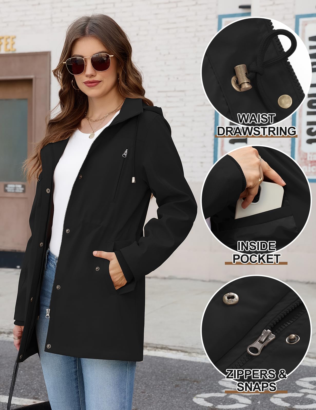 CMTOP Jacke Damen Leichte Atmungsaktiv Jacken Casual Übergangsjacke Wasserabweisend Winddicht Parka Jacket Zip Up Blouson Mantel mit Abzippbarer Kapuze für Frühling Sommer Herbst
