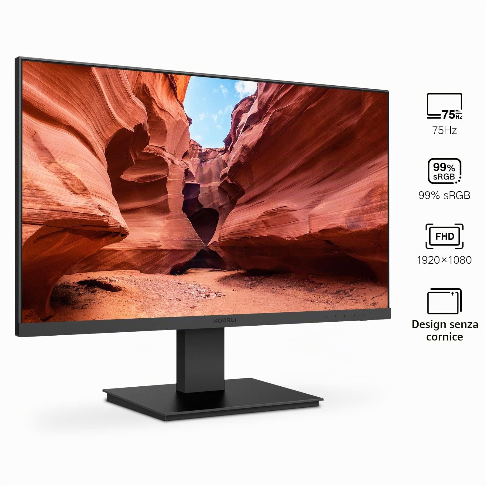 KOORUI Monitor 24 pollici full HD, 75 Hz, 5 ms, Eye Comfort, gamma di colori sRGB 99%, (1920 x 1080, HDMI, VGA, inclinabile, VESA 75x75) nero