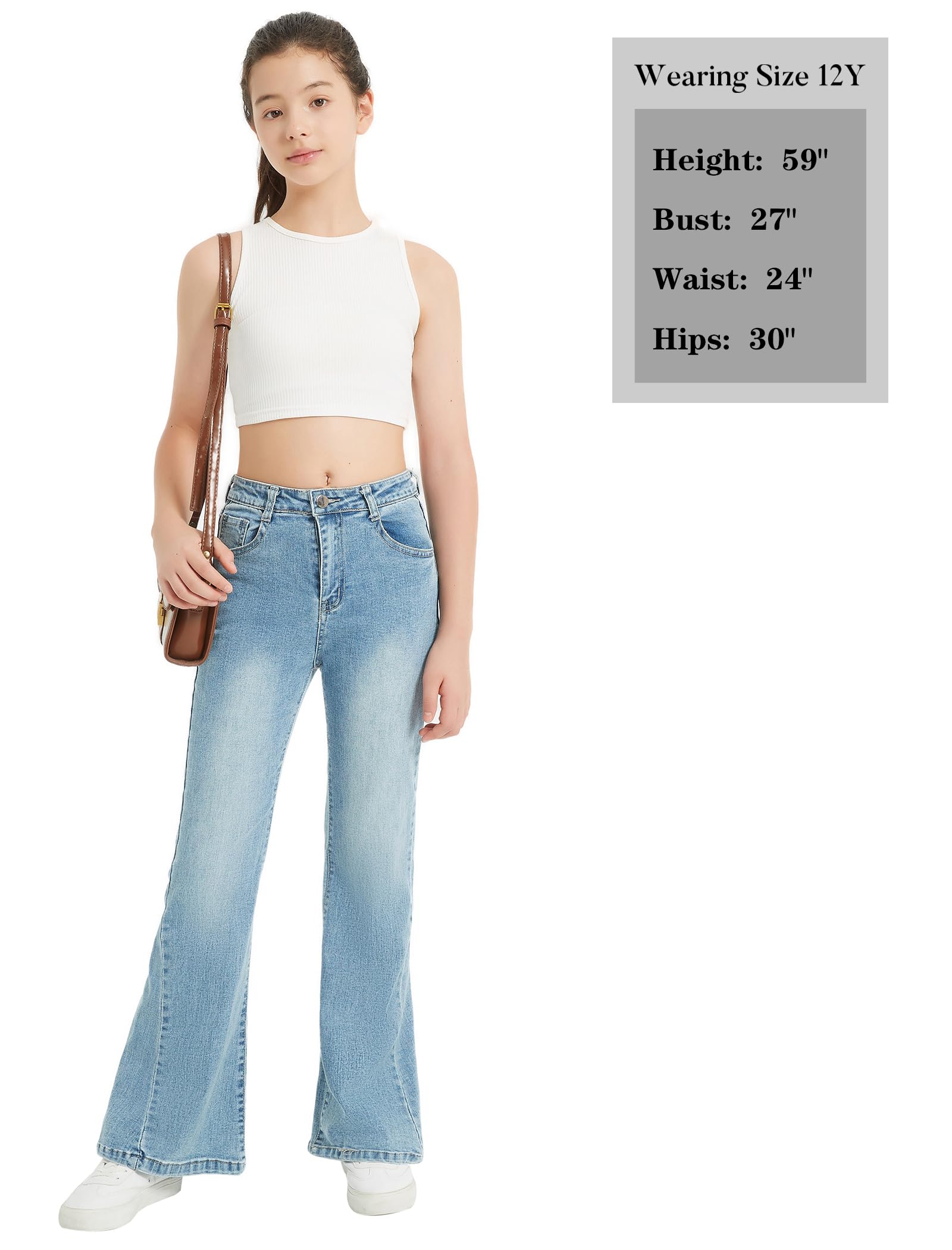 EXARUS Pantalones de mezclilla acampanados para niñas, pantalones de mezclilla acampanados, rasgados, lindos, corte de bota, cintura media, bolsillos elásticos para niños