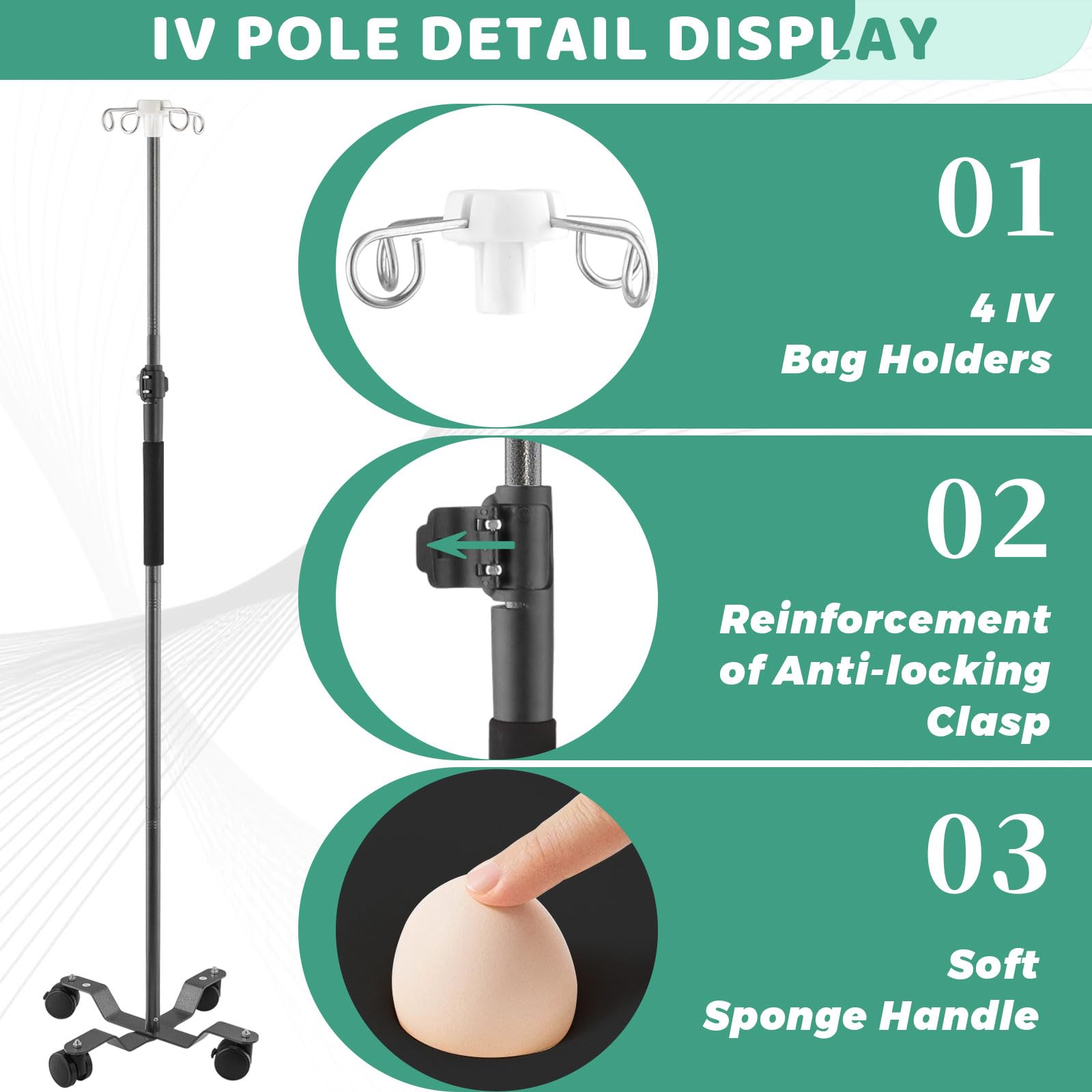 Soporte telescópico para piso con ruedas, 47 a 100 pulgadas, soporte para bolsa IV con 4 ganchos, soporte portátil para bomba de alimentación, tubo esmerilado, poste de extensión IV