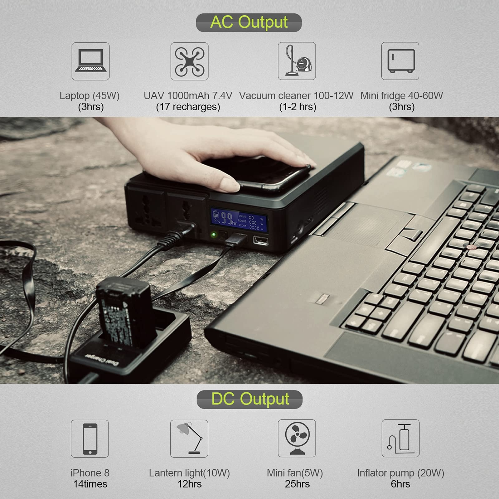 TIM-LI 220 V 154 W 41600 mAh powerbank, przenośna elektrownia/generator zewnętrzny/akumulator litowo-jonowy z przyłączem bezprzewodowym AC DC USB