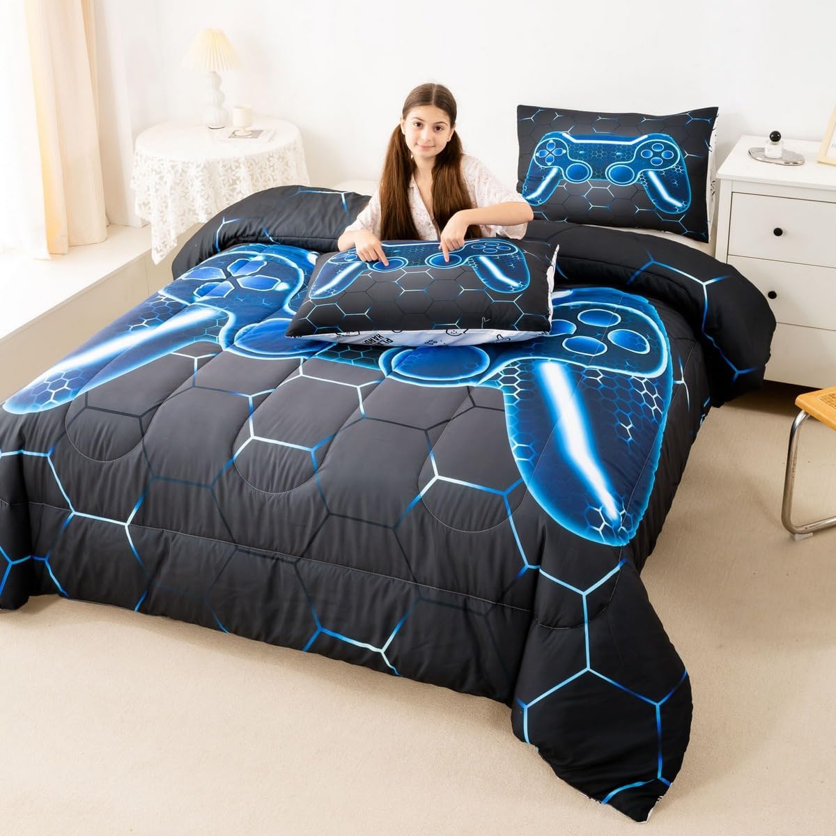Feelyou Gamer Comforter Set for Kids Boys Teens Queen Size Game Controller Comforter 3Pcs Gaming Gifts Bedding for All Season(Queen,Blue) Boys