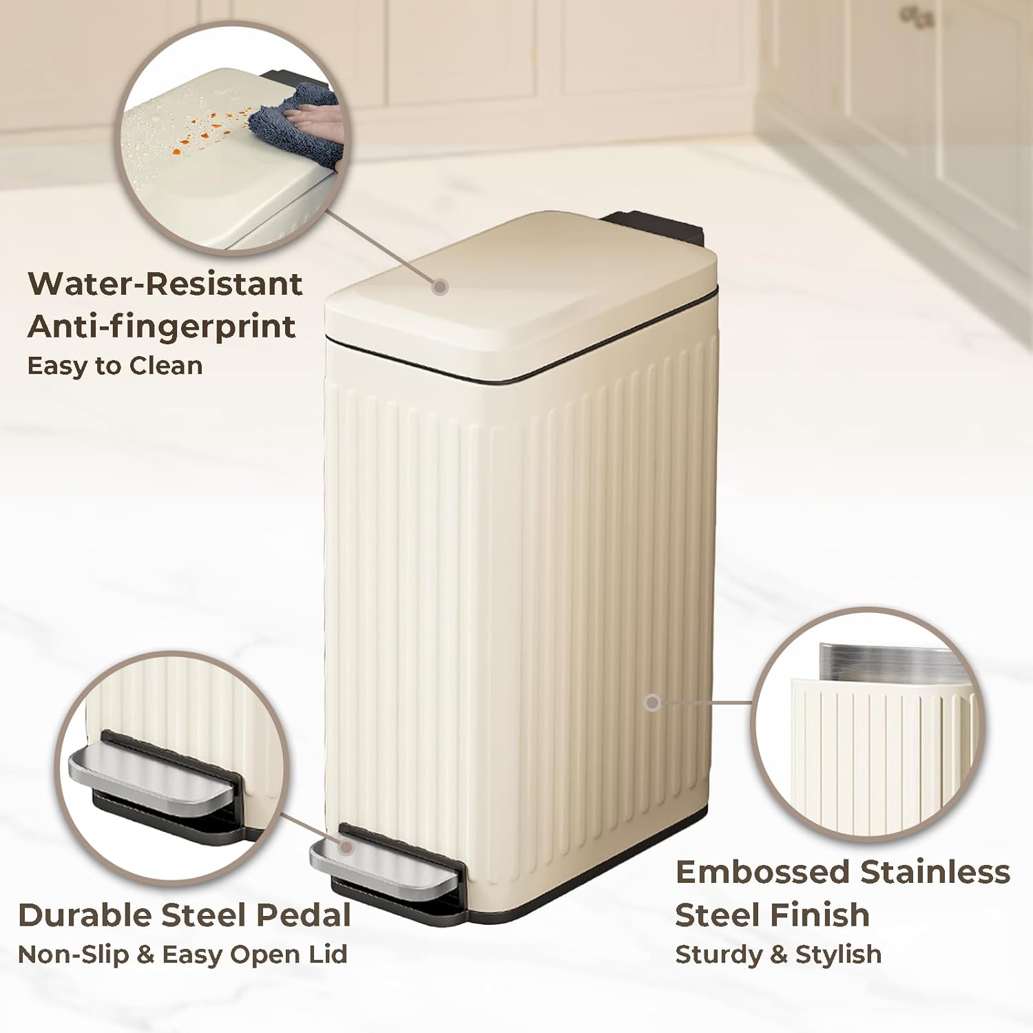 Condition photo showing New/Like New for bathroom trash can with lid, small stainless steel garbage can with step pedal, 10 liter/2.6 gallon soft close slim trash bin, creamy white waste basket for living room, bedroom, laundry room, office