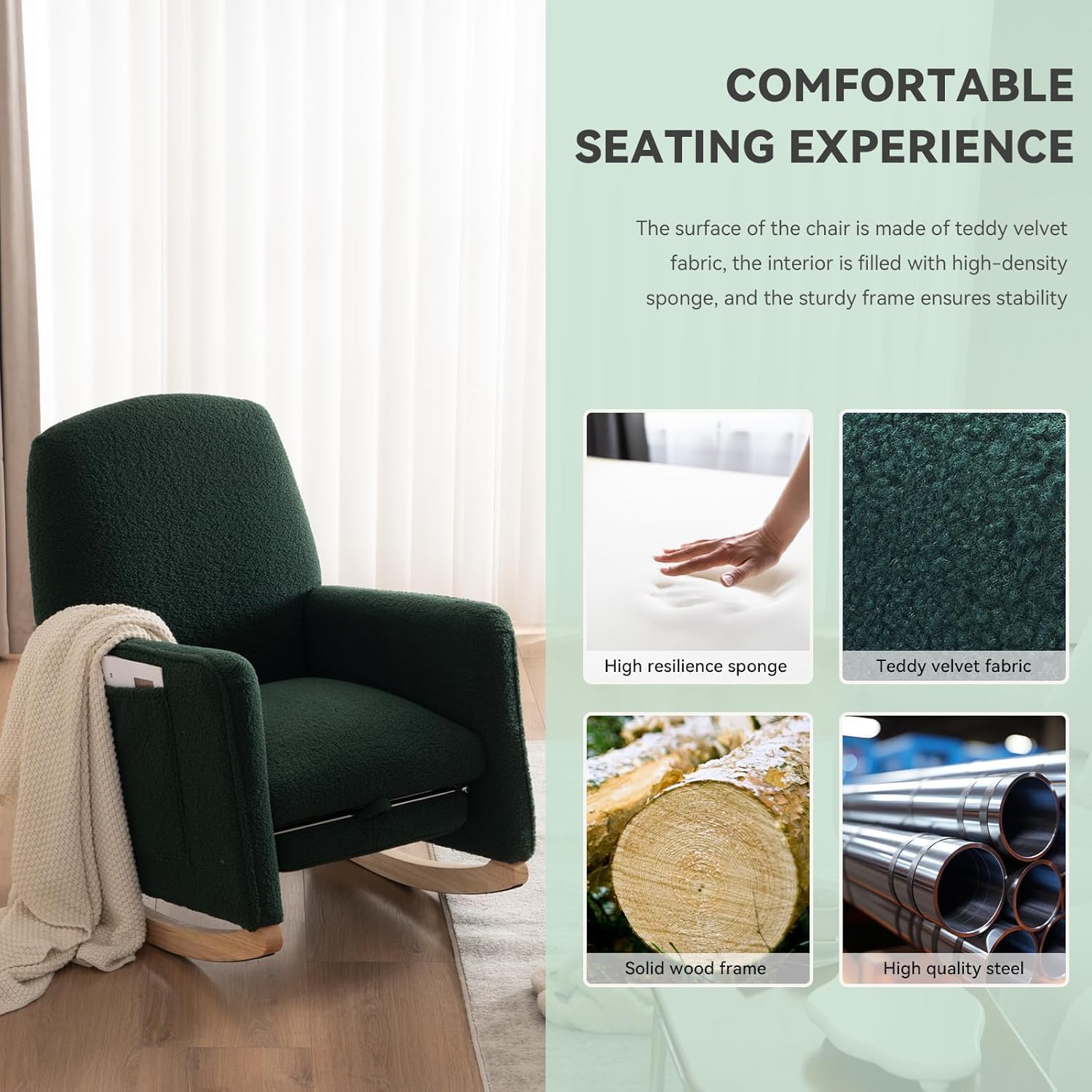 FOXHUNTER Rocking Chair Nursery with Adjustable Footrest and High Backrest, Upholstered Glider Chairs with Side Pockets for Nursery, Rocker Armchair Indoor for Living Room,Green