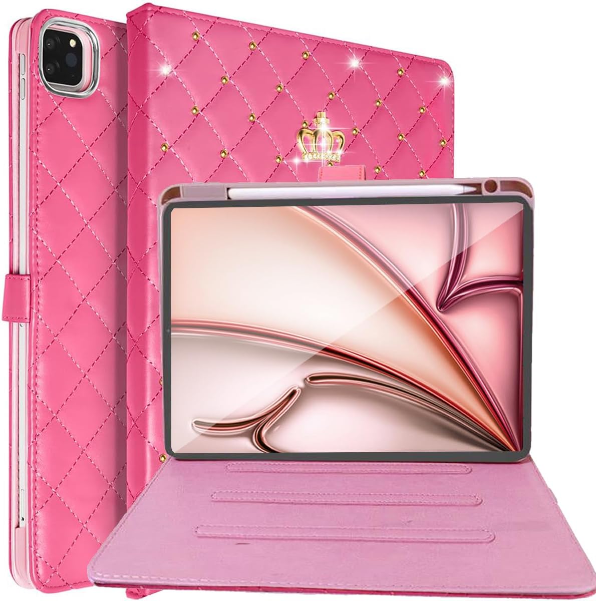 Changjia for iPad Air 11 Inch Case M4 2026/M3 2025/M2 2024,iPad Air 5th/4th Gen 10.9 Inch (2022/2020) with Pencil Holder,Girly Cute Crown Diamond Elegant Auto Sleep/Wake Stand Protective Case,Hot Pink