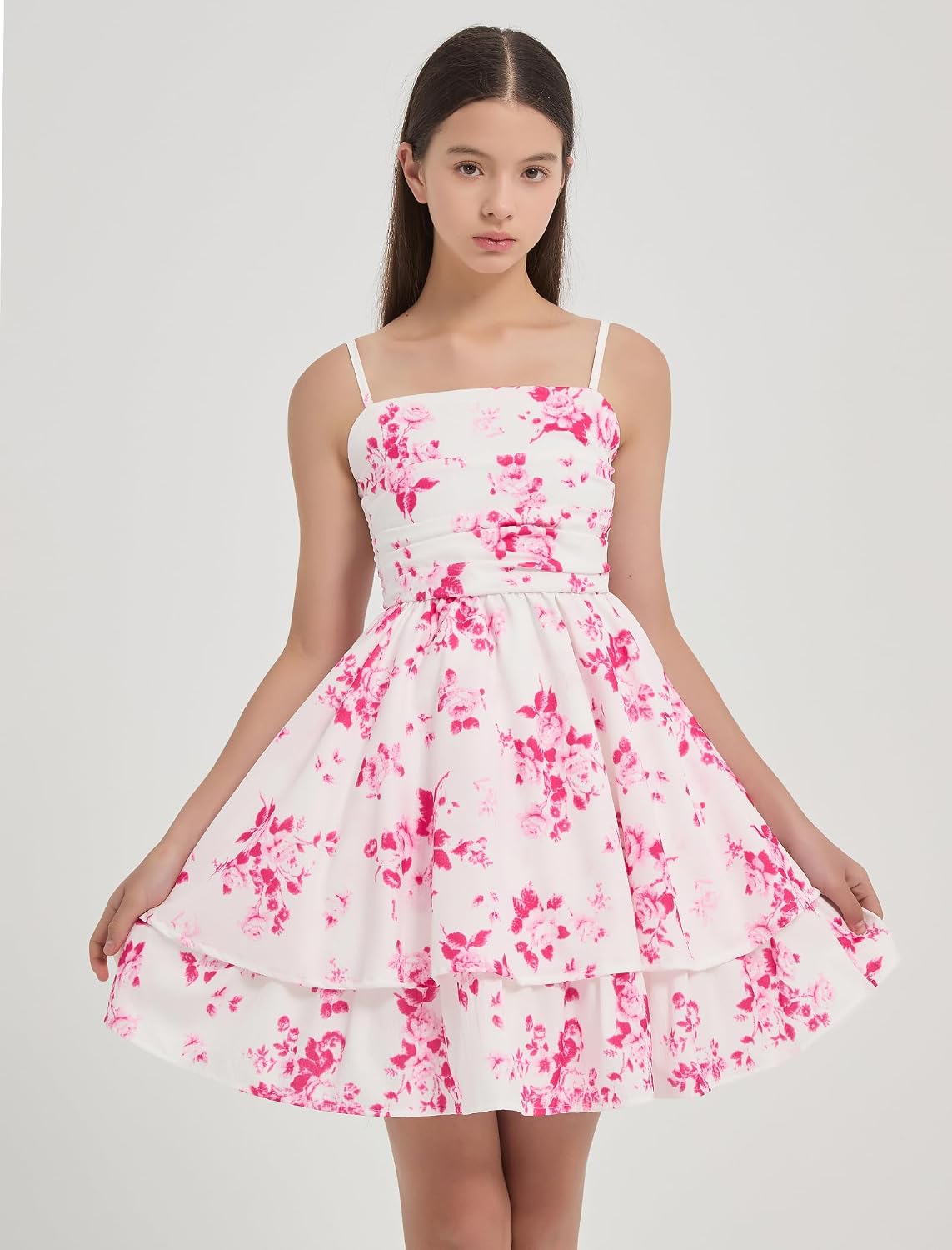 EXARUS Girls Summer Dress Teen Ruched Ruffled Sundress Tween Flowy Swing Layered Beach Vacation Mini Cami Dresses 8-14Y