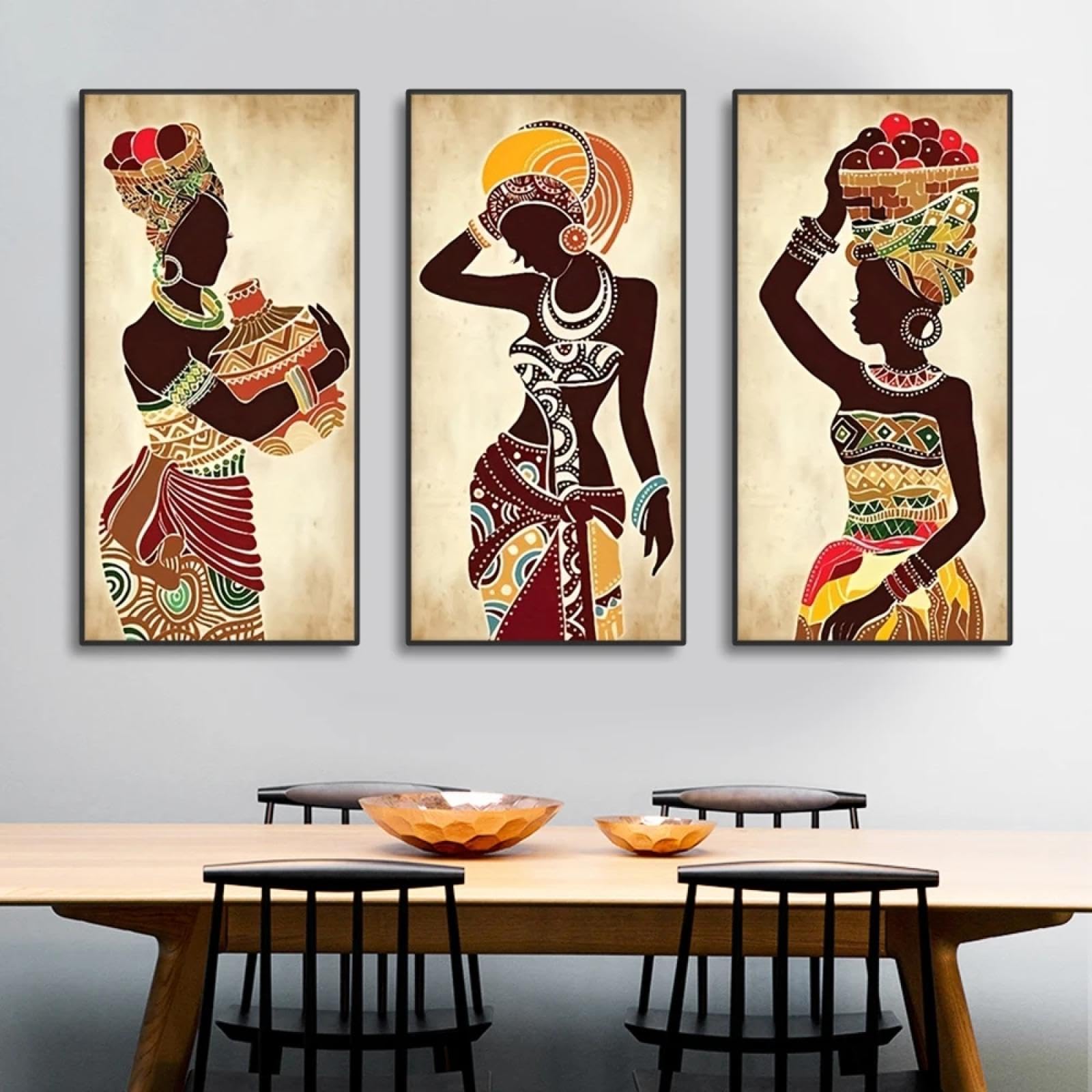 CHAOJIART piezas étnicas africanas negras mujer lienzo pintura vintage arte de la pared figuras impresiones para sala de estar pared cuadros decorativos 40x80cmx3 sin marco