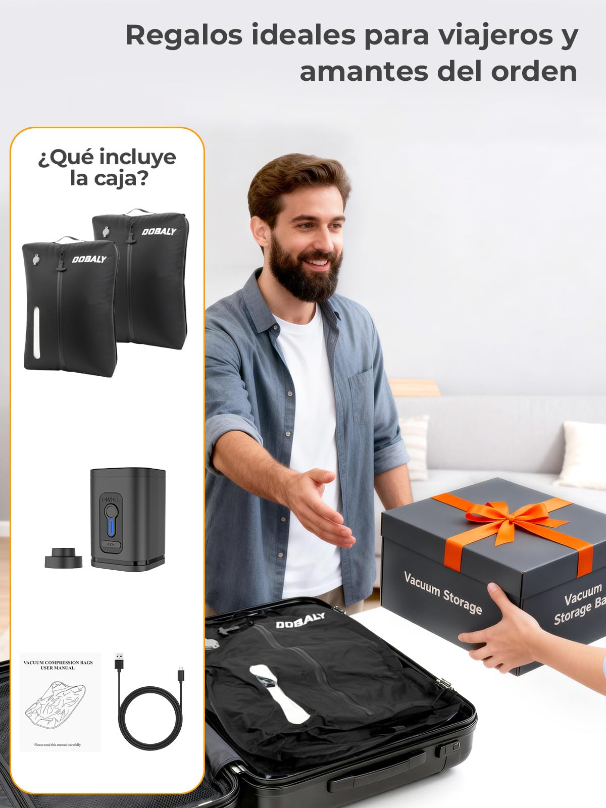 Bolsas de Vacío Profesionales para Viajes con Bomba, Bolsas de Compresión al Vacío Reutilizables IP67 para Maletas y Mochilas, son Ligeras y Duraderas,24L (2 Unidades +Bomba Inalámbrica)