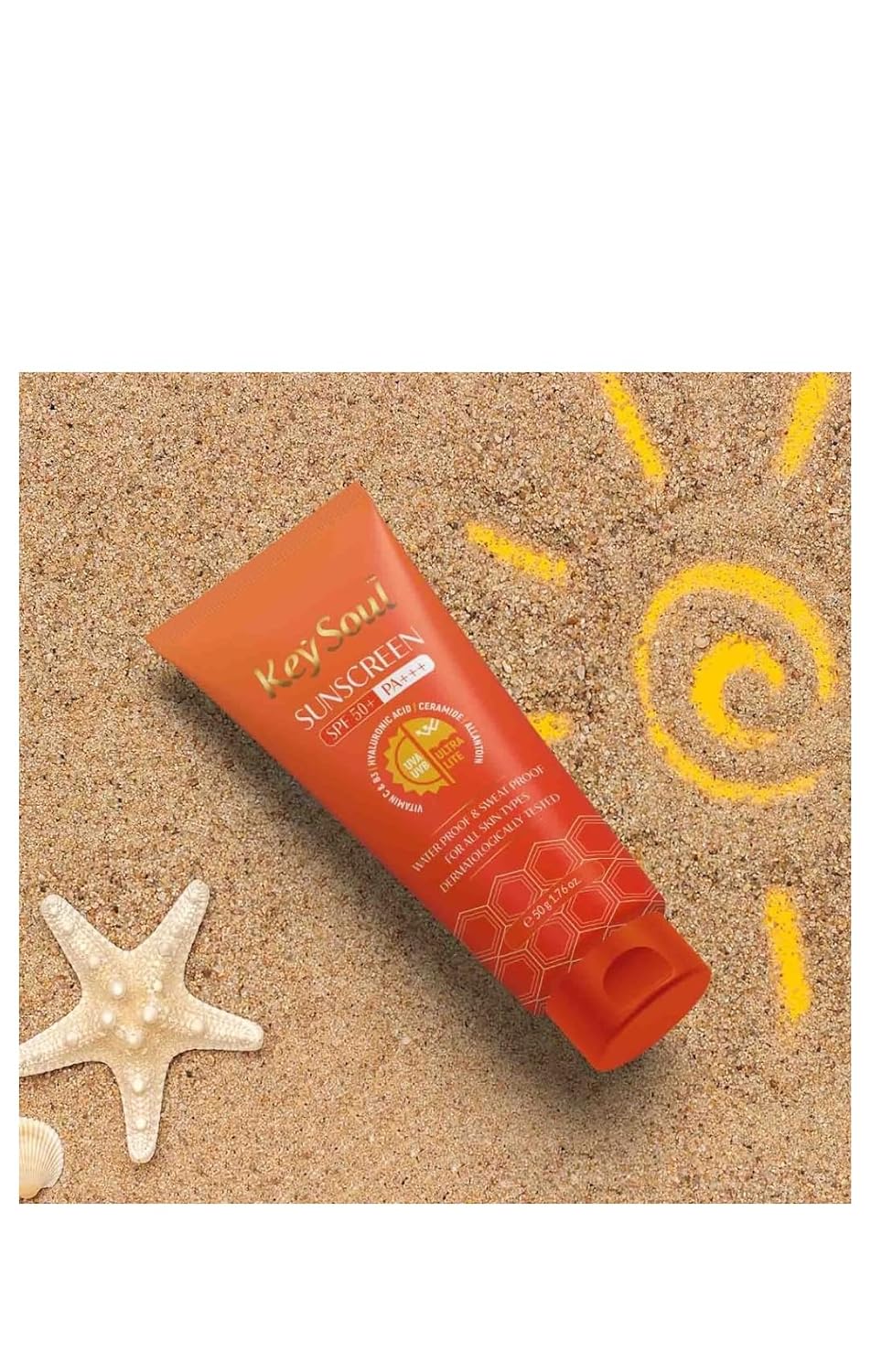 Key Soul SPF 50+ PA+++ Sunscreen, Waterproof and Sweatproof, All Skin Types, 50g