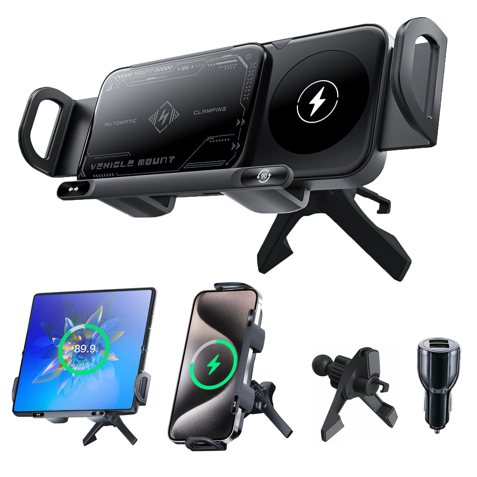 Olycism Soporte de teléfono móvil de coche para Galaxy Z Fold/Flip con función de carga 15 W Dual Coils QC 3.0 Fast Wireless Charger Auto para Z Fold/Flip 6 puede girar automáticamente, soporte coche