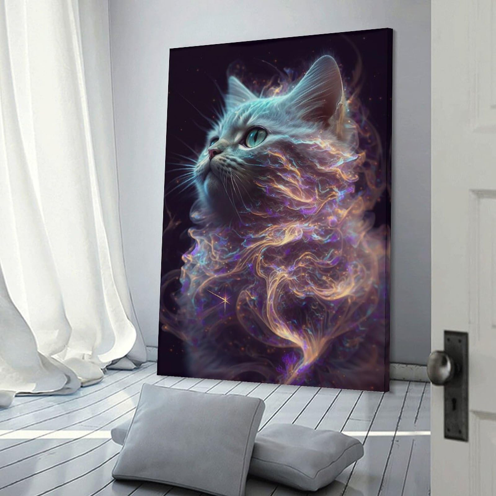Junmoney Galaxy Kitten White Cat Canvas Art Print 20x30inch(50x75cm), for Front Hall, Corridor Or Welcome Spaces, Home Artwork for First Impressions