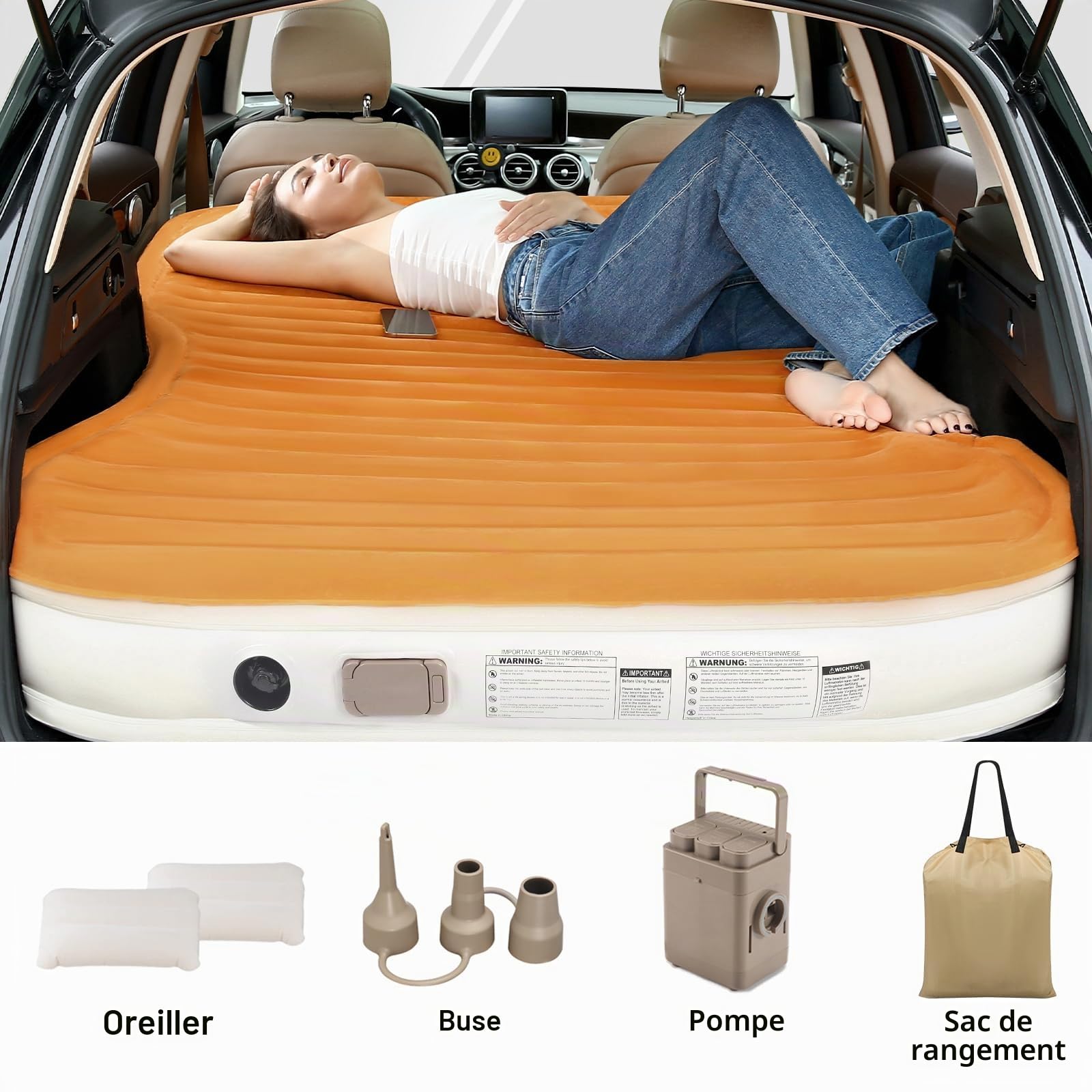 KMZ Matelas gonflable épais pour SUV avec pompe intégrée et 2 oreillers pour SUV